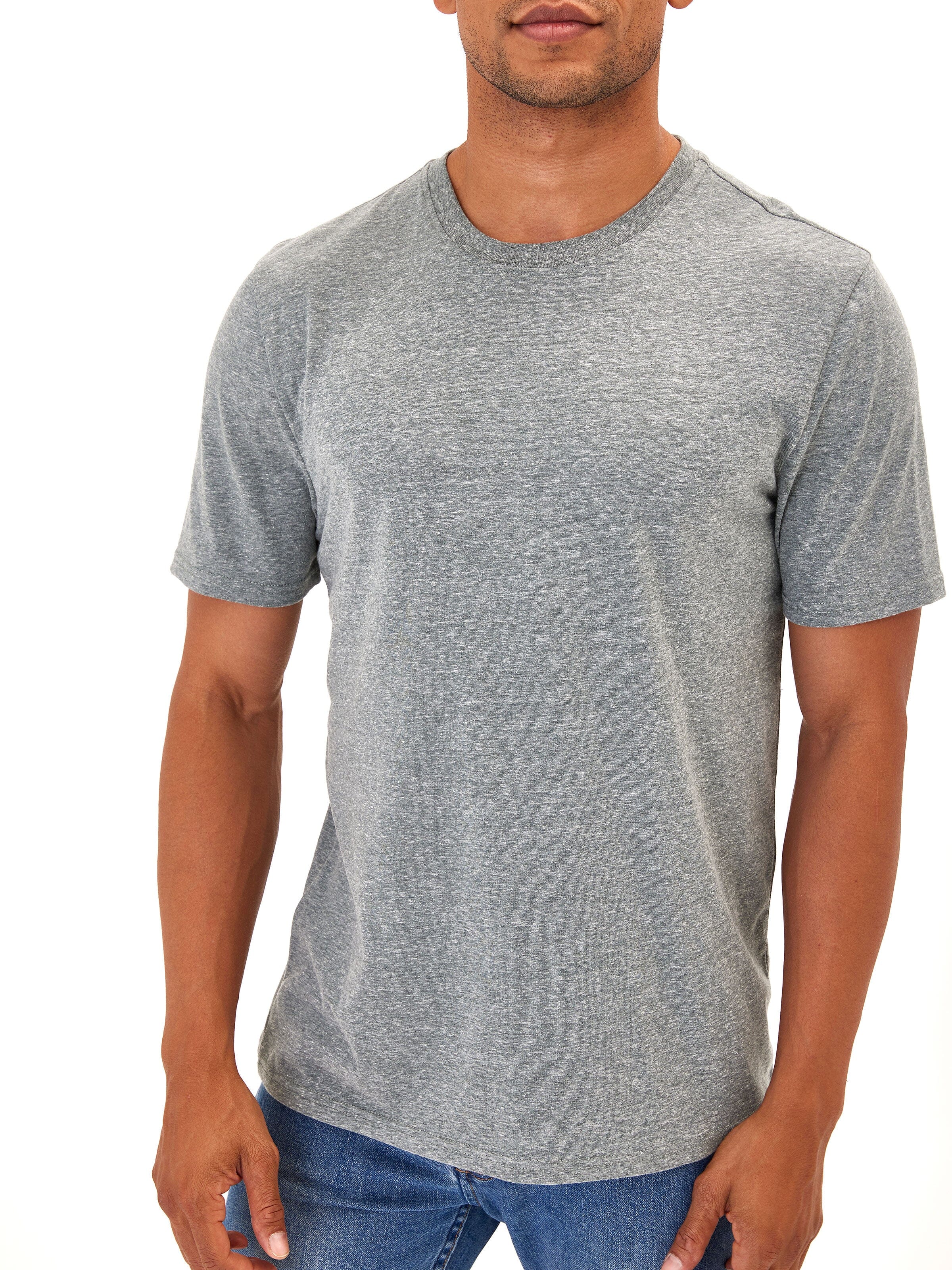 Close up of a men's grey triblend jersey crew neck t-shirt