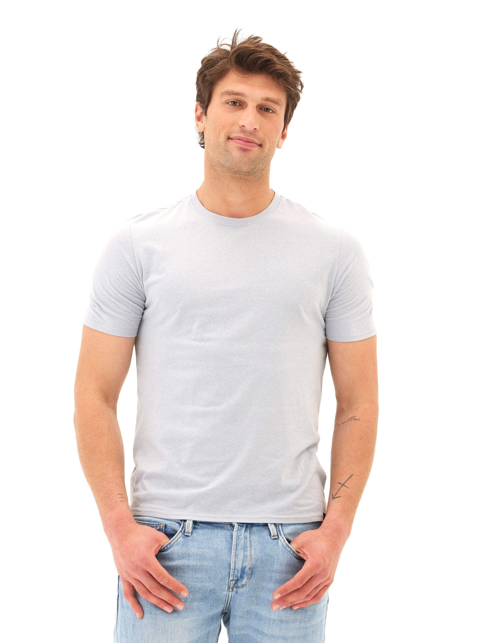 Men wearing a soft triblend jersey crew neck tee in a classic, versatile fit.