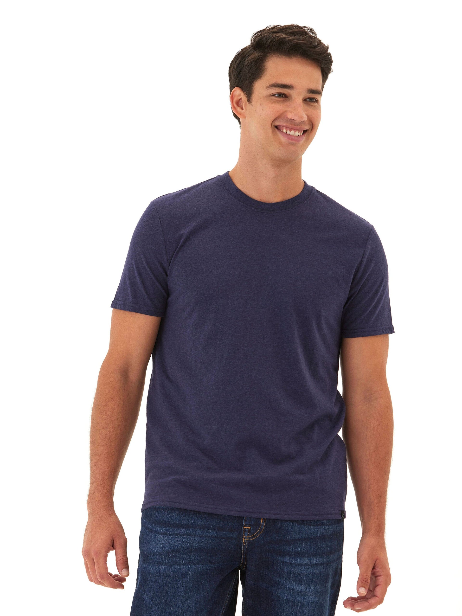Close up of a men's navy blue triblend crew neck tee showing the soft knit texture.