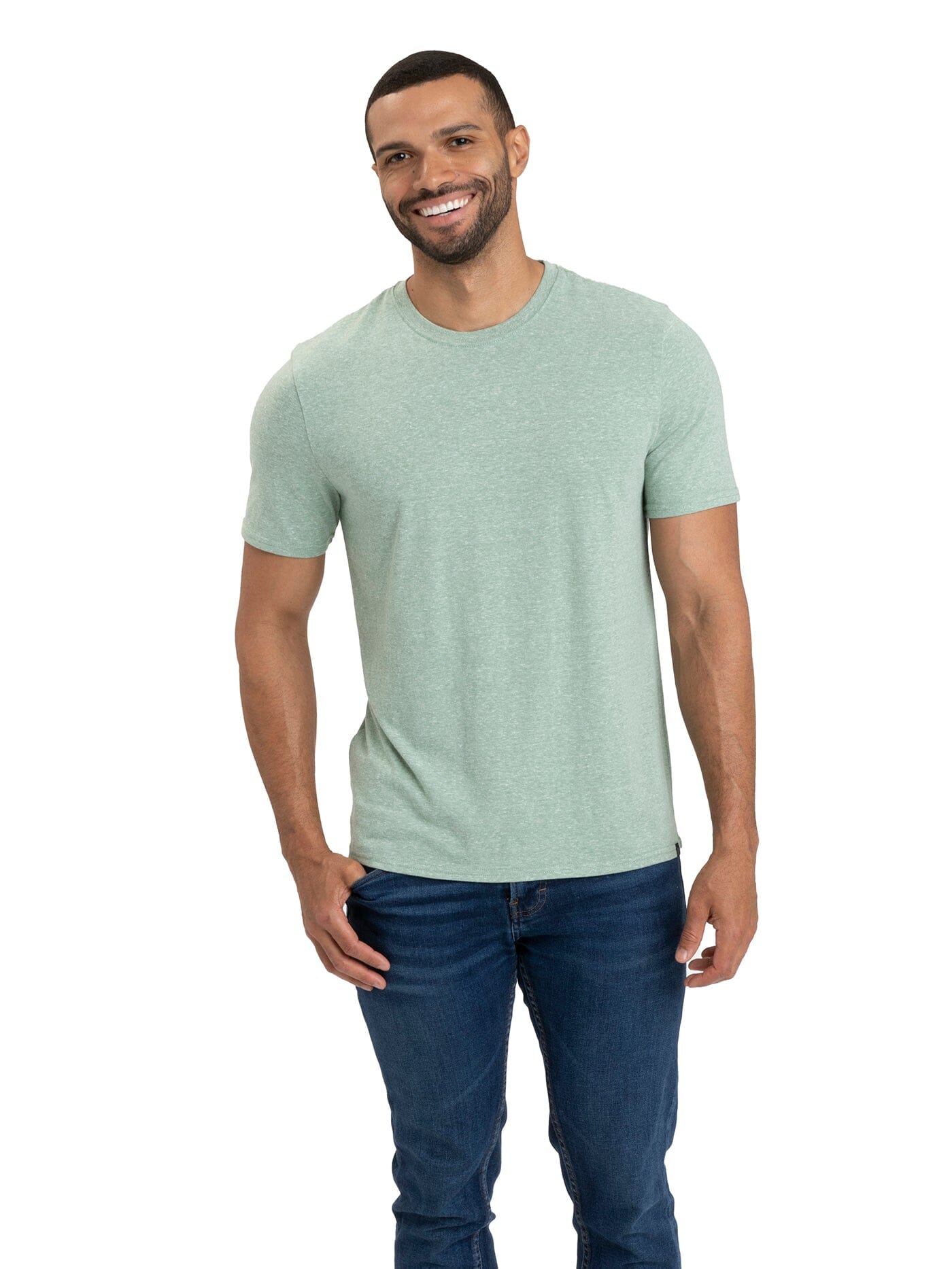 Men's green triblend jersey crew neck tee, casual minimalist style.