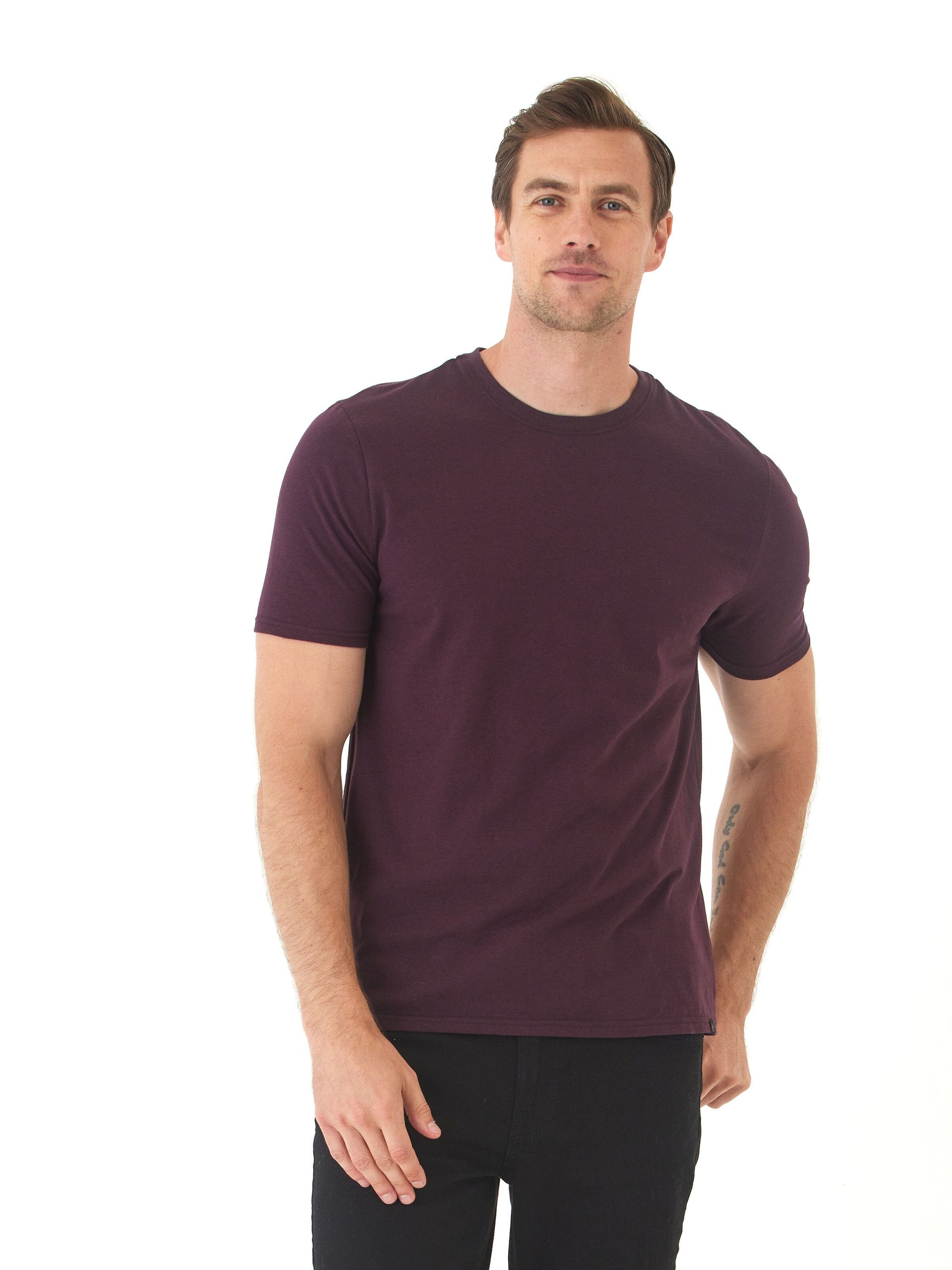 Men's Core Triblend Jersey Crew Neck Tee in maroon showing the knit texture.