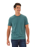 Men's minimalist crew neck tee in solid dark-green triblend jersey.