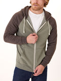 Men's olive green and dark brown colorblock triblend zip-up hoodie with raglan sleeves