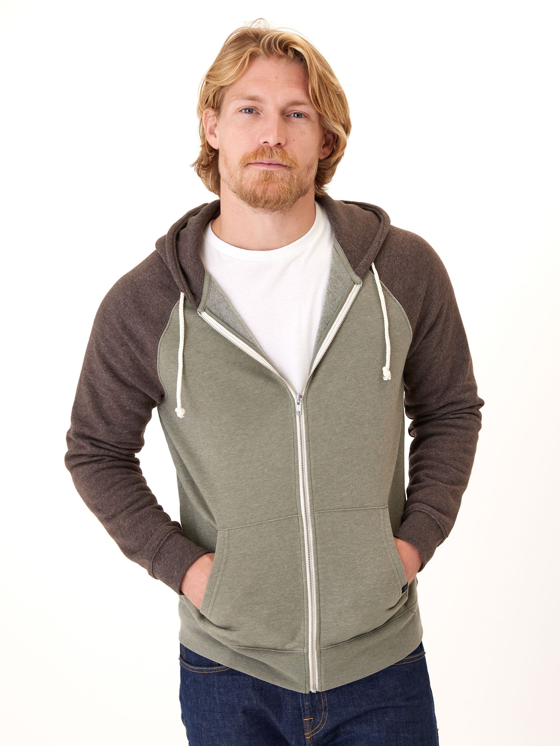 Men’s Triblend Raglan Colorblock Zip Fleece Hoodie - Olive & Brown