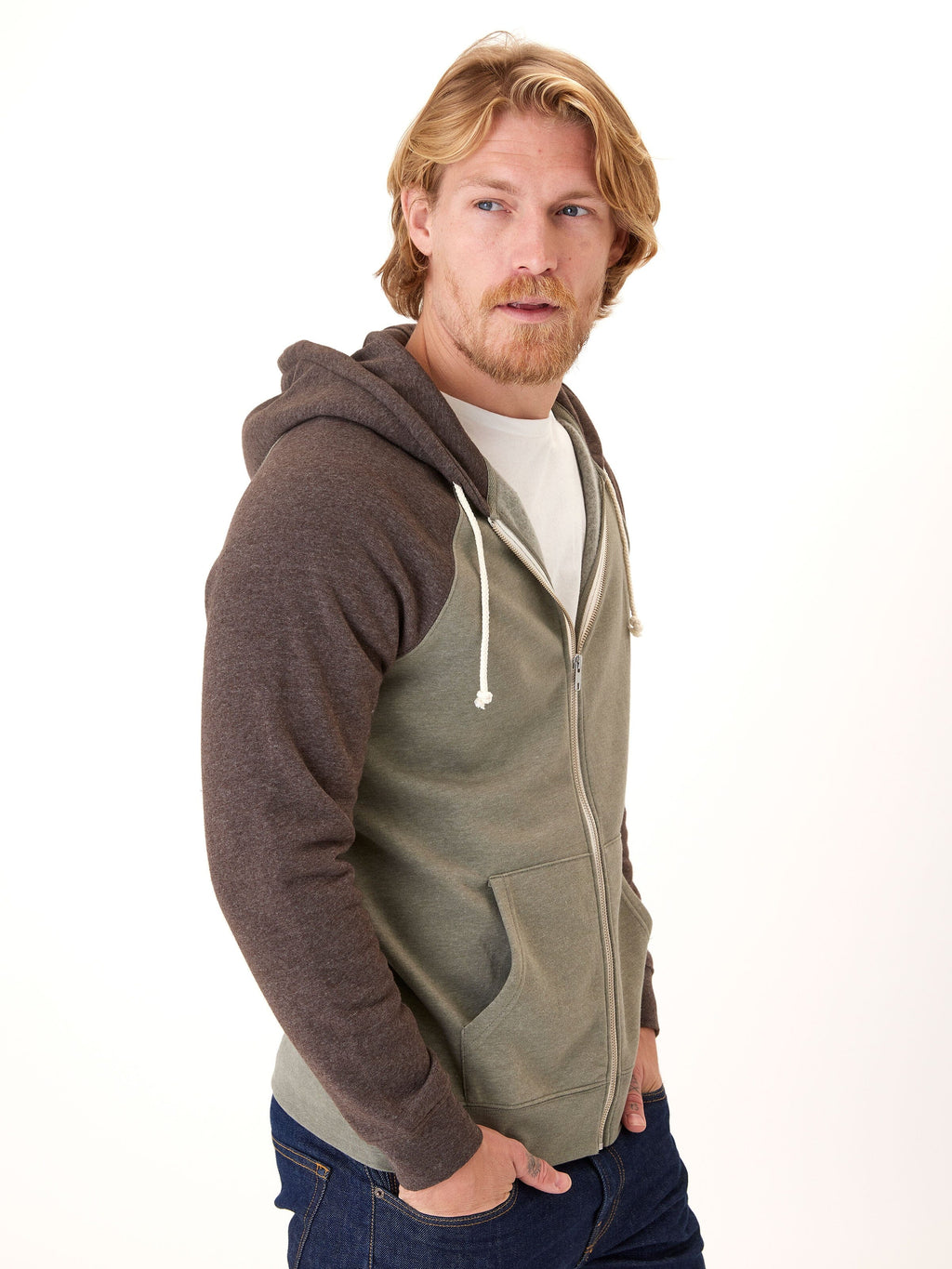 Men’s Triblend Raglan Colorblock Zip Fleece Hoodie - Olive & Brown