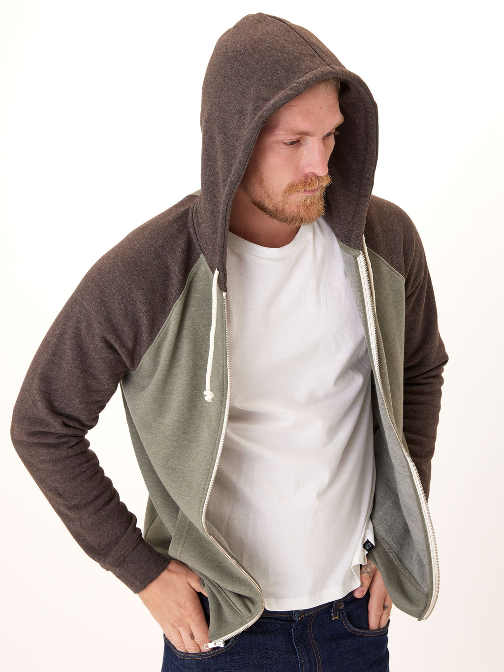 Men’s Triblend Raglan Colorblock Zip Fleece Hoodie - Olive & Brown
