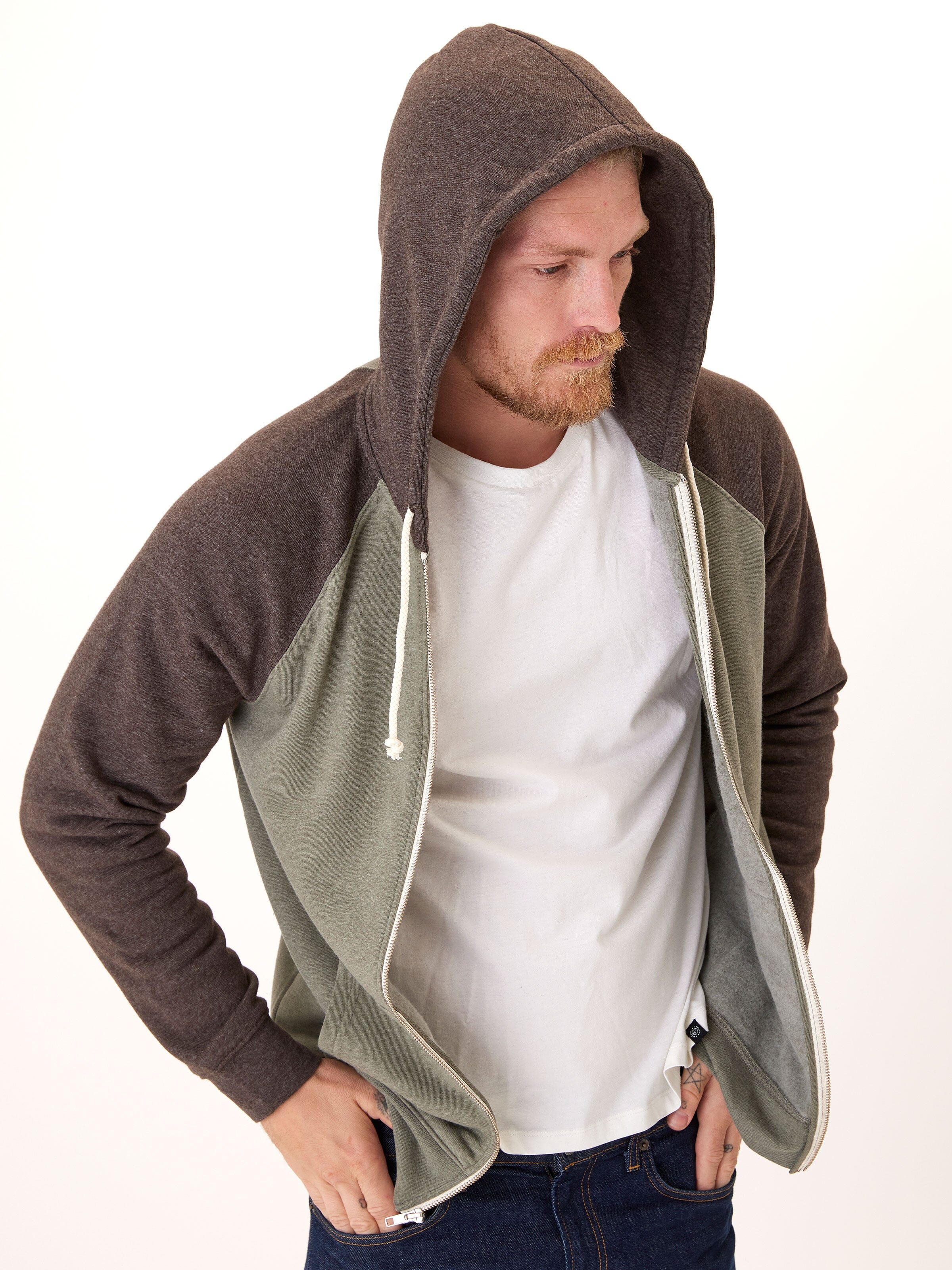Men’s Triblend Raglan Colorblock Zip Fleece Hoodie - Olive & Brown