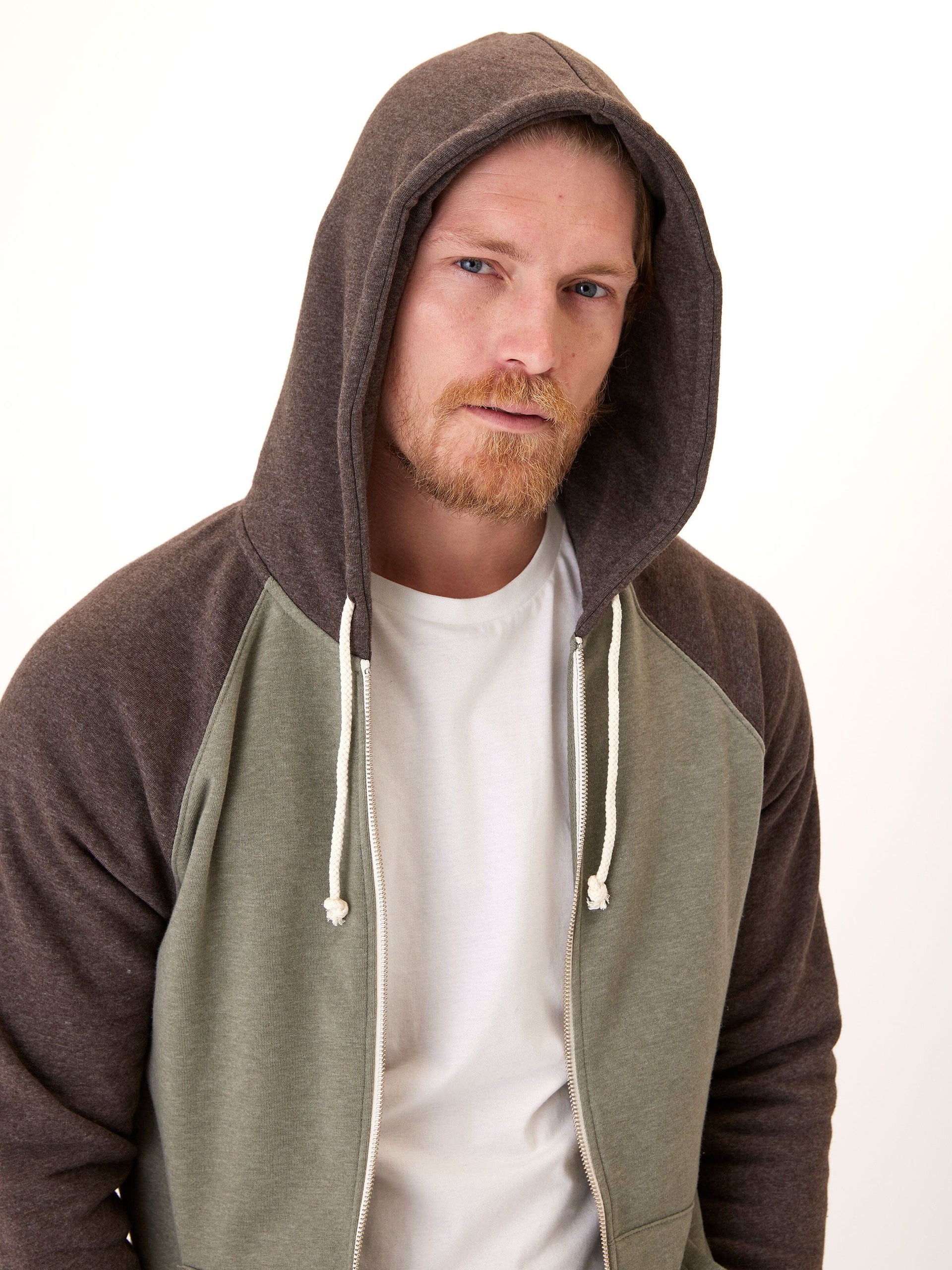Men’s Triblend Raglan Colorblock Zip Fleece Hoodie - Olive & Brown