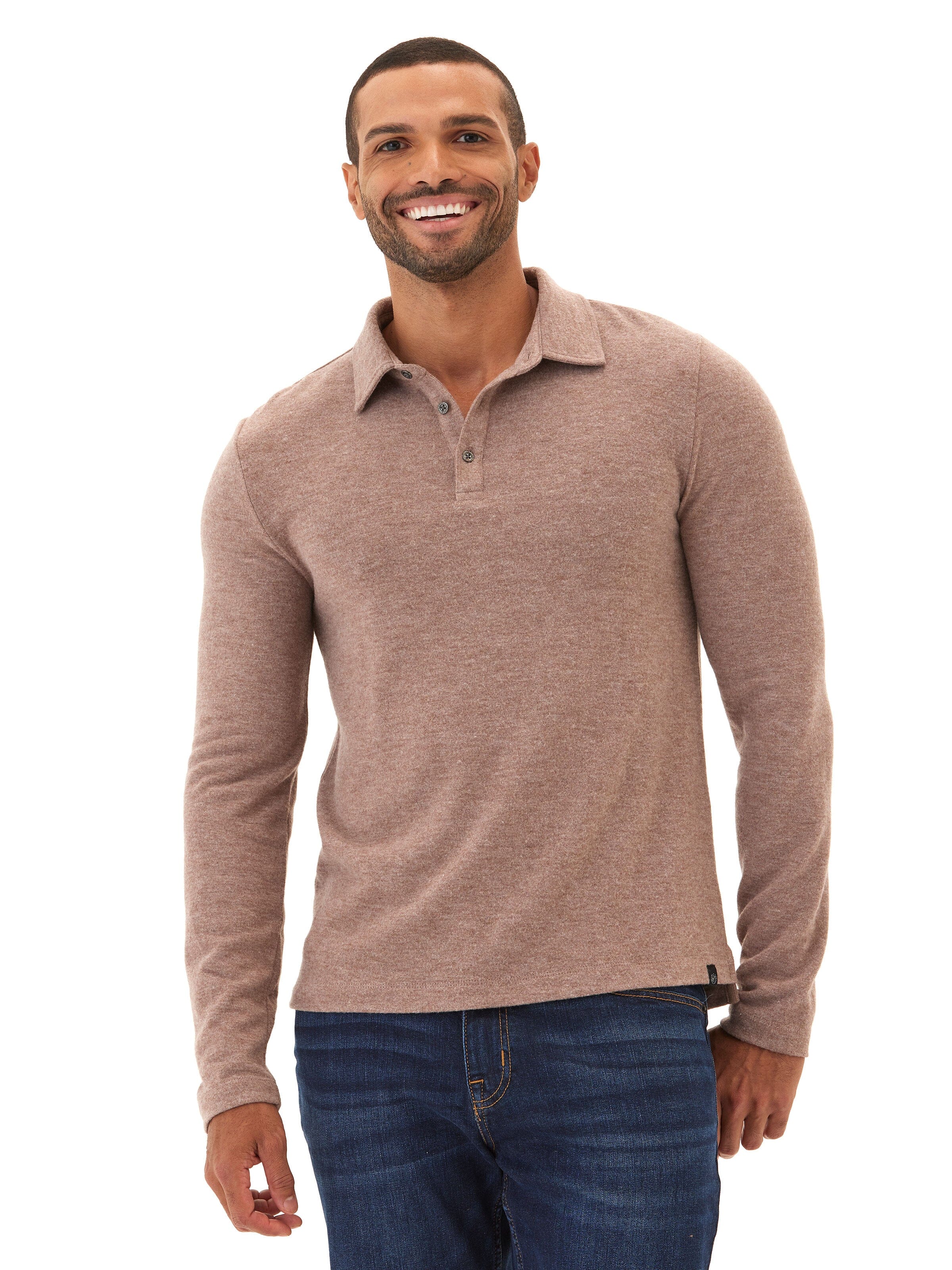 Henrique Sweater Knit Long Sleeve Polo in Taupe and Brown