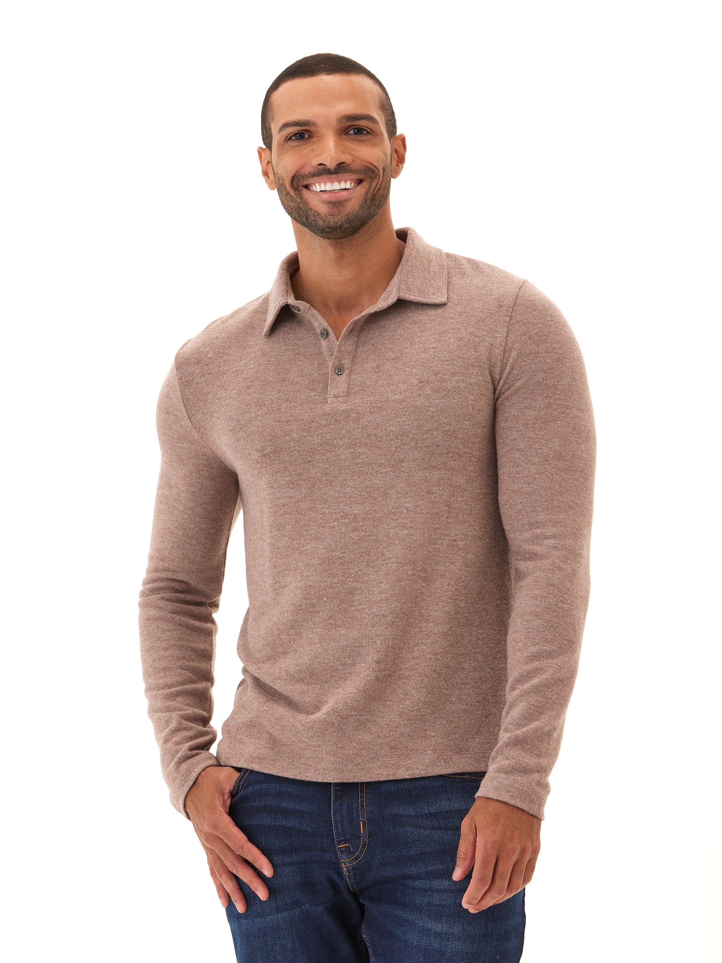 Henrique Sweater Knit Long Sleeve Polo in Taupe and Brown