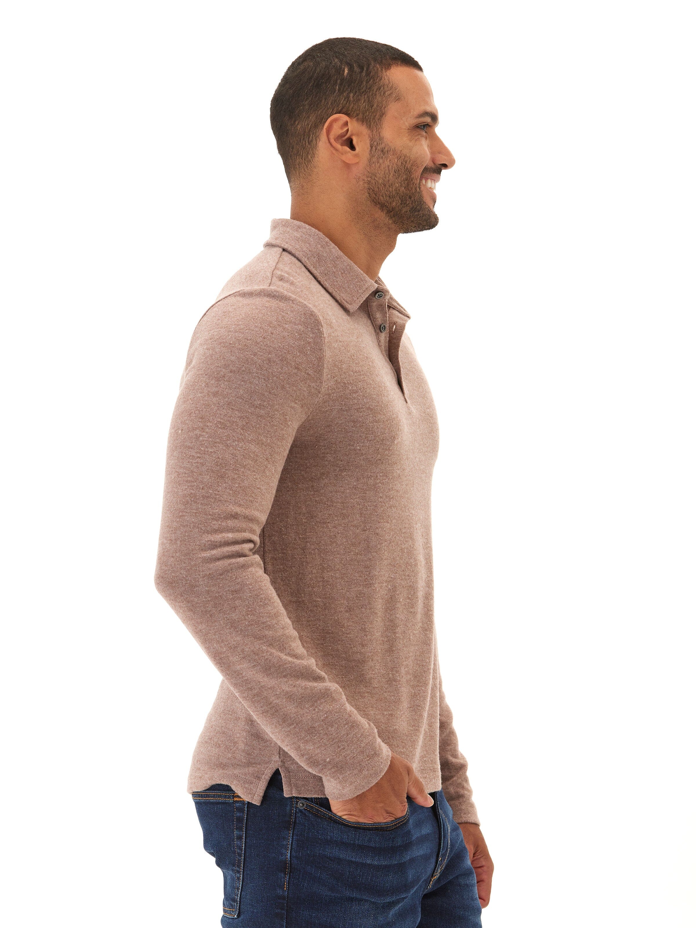 Henrique Sweater Knit Long Sleeve Polo in Taupe and Brown
