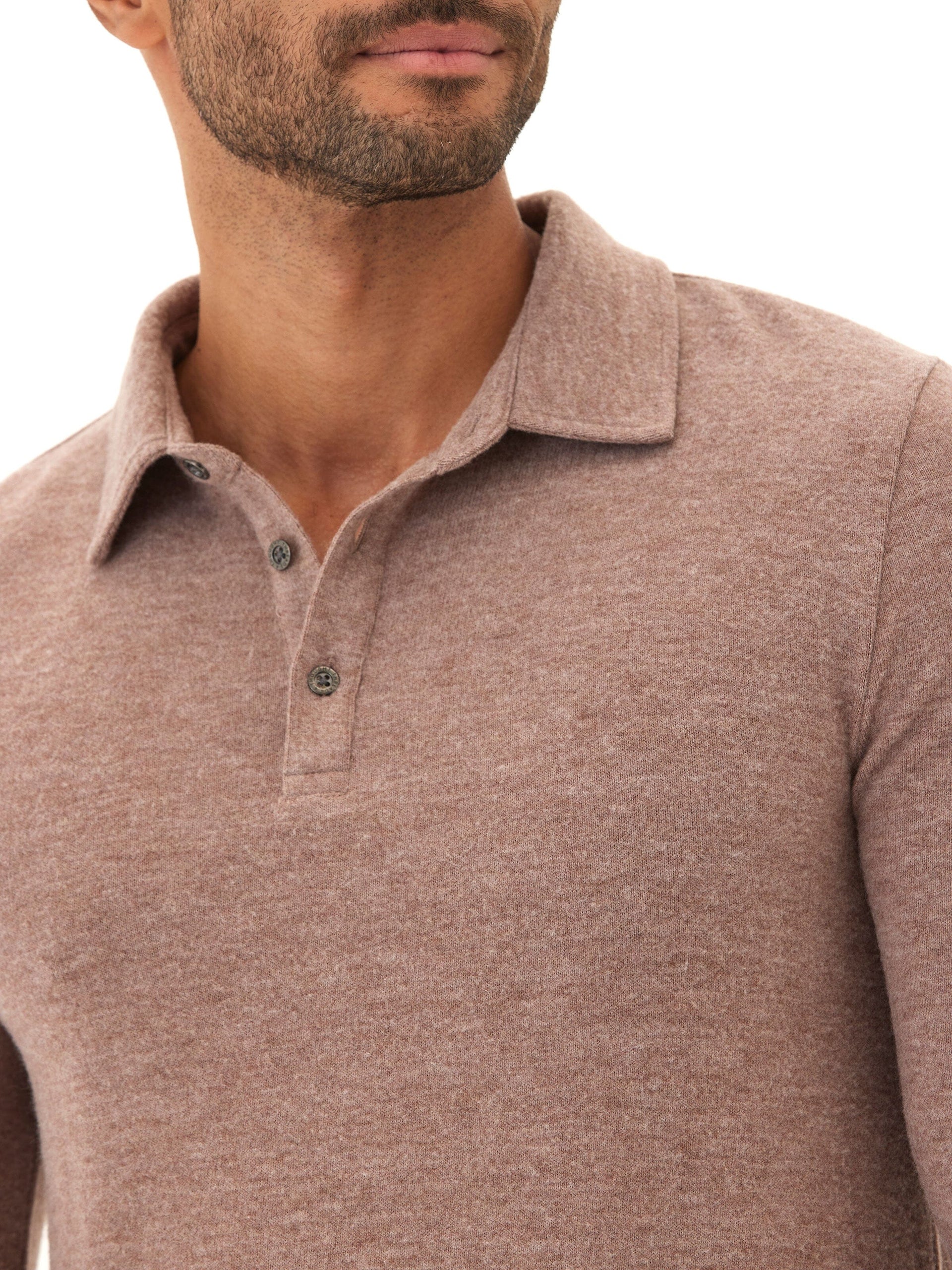 Henrique Sweater Knit Long Sleeve Polo in Taupe and Brown