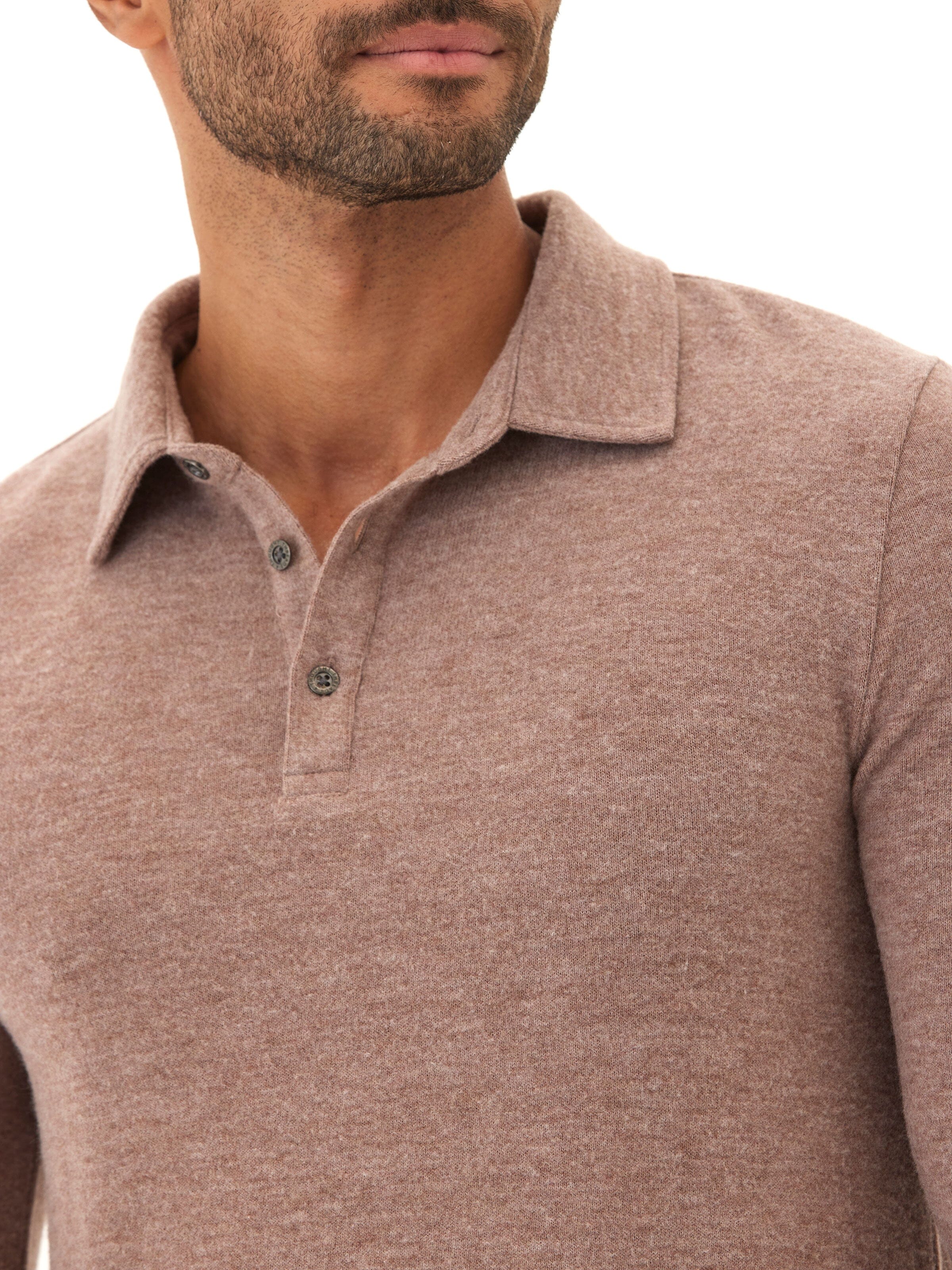 Henrique Sweater Knit Long Sleeve Polo in Taupe and Brown