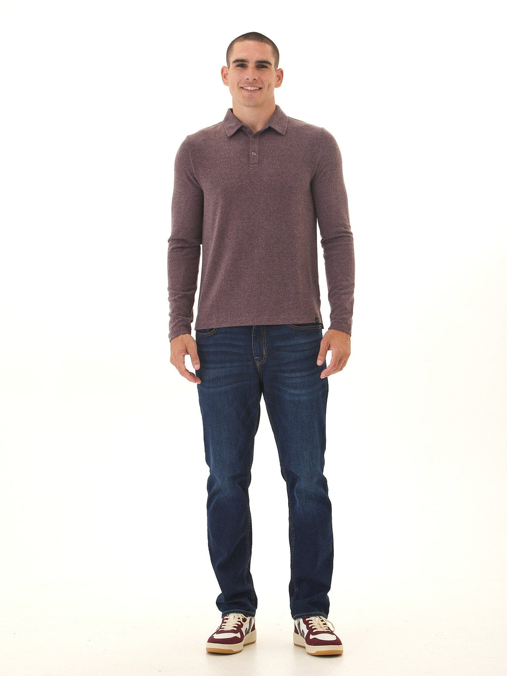 Henrique Men's Long Sleeve Knit Polo Shirt in Burgundy
