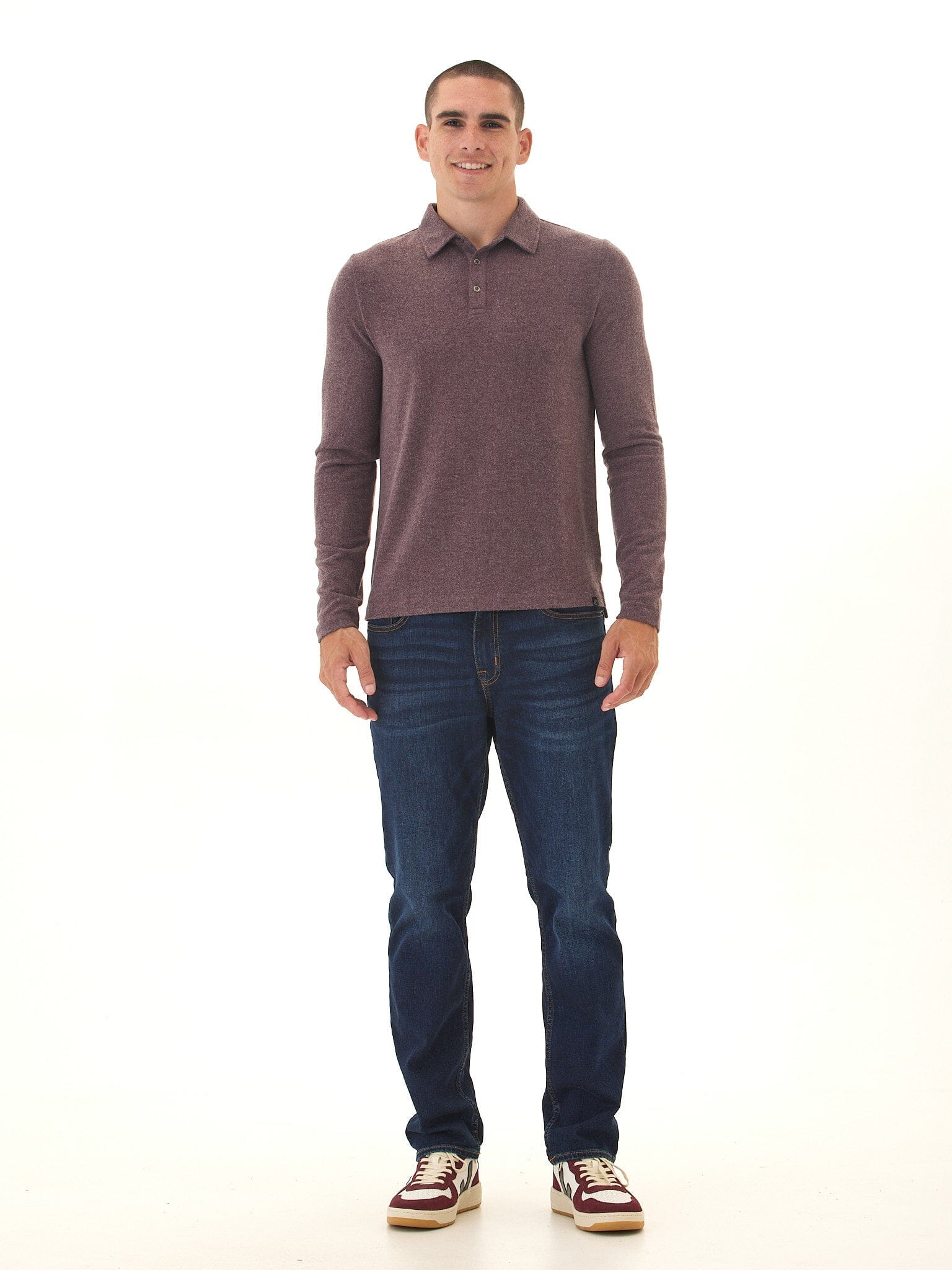 Henrique Men's Long Sleeve Knit Polo Shirt in Burgundy