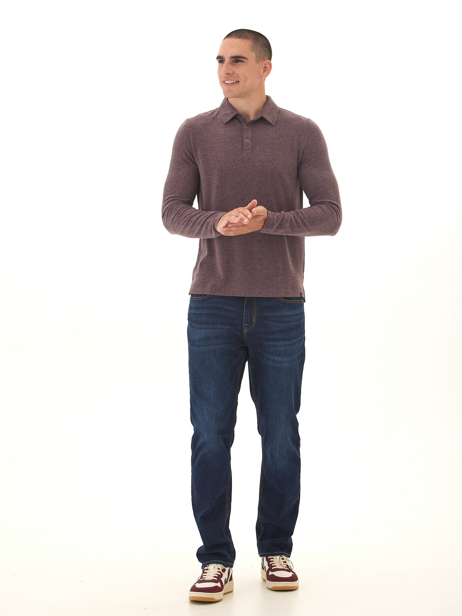 Henrique Men's Long Sleeve Knit Polo Shirt in Burgundy