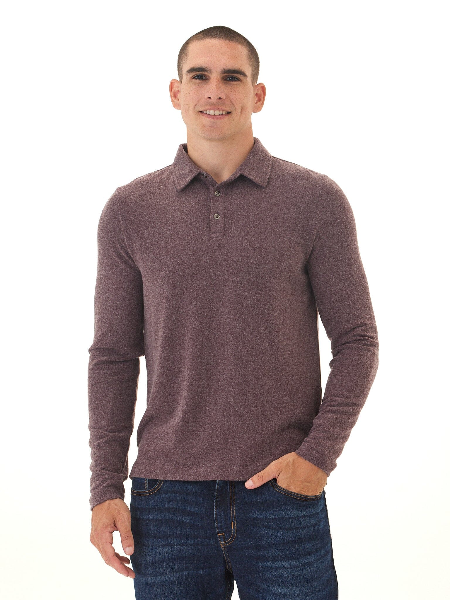 Henrique Men's Long Sleeve Knit Polo Shirt in Burgundy