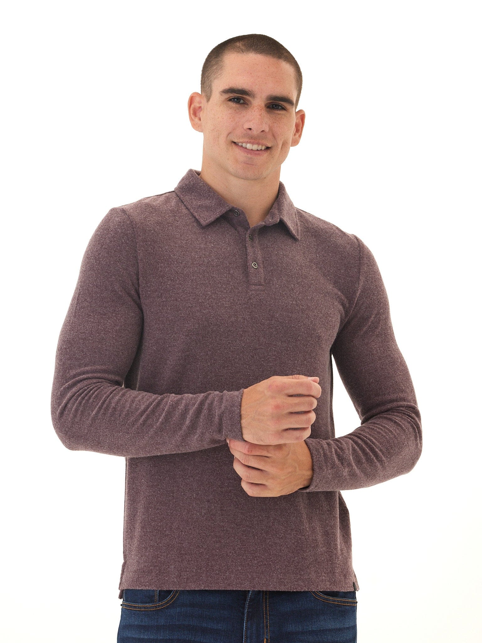 Henrique Men's Long Sleeve Knit Polo Shirt in Burgundy