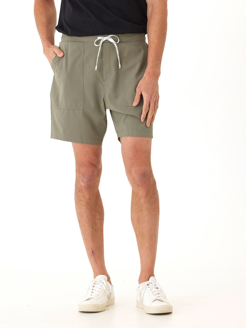 Men's Prescott Essential Eco Woven Short in muted olive green with white drawstring and patch pockets.