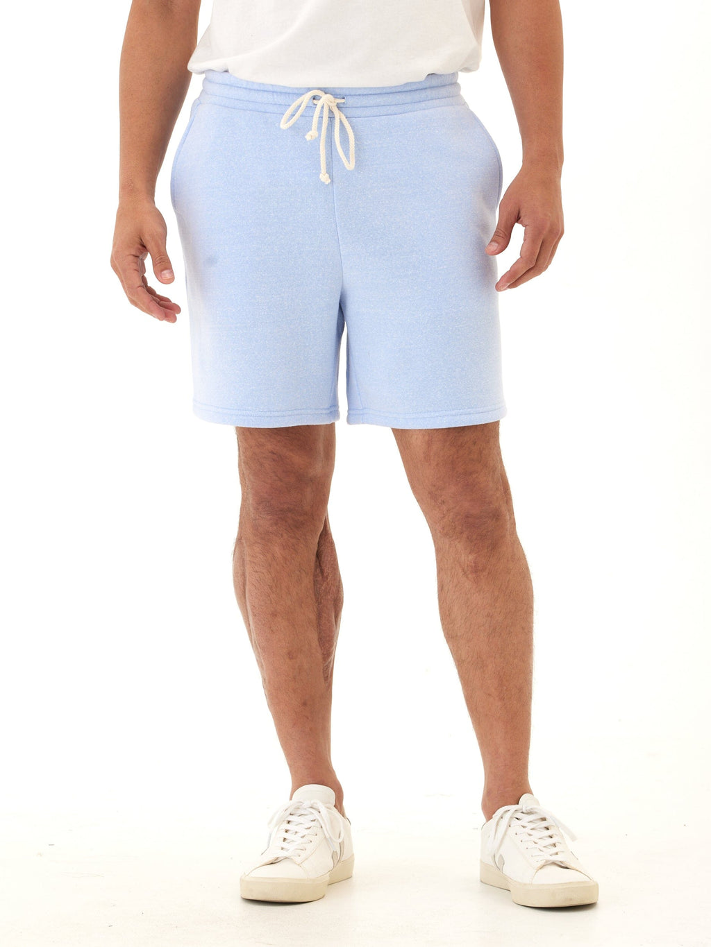 Men's relaxed fit core triblend fleece shorts in soft heathered light blue with drawstring detail