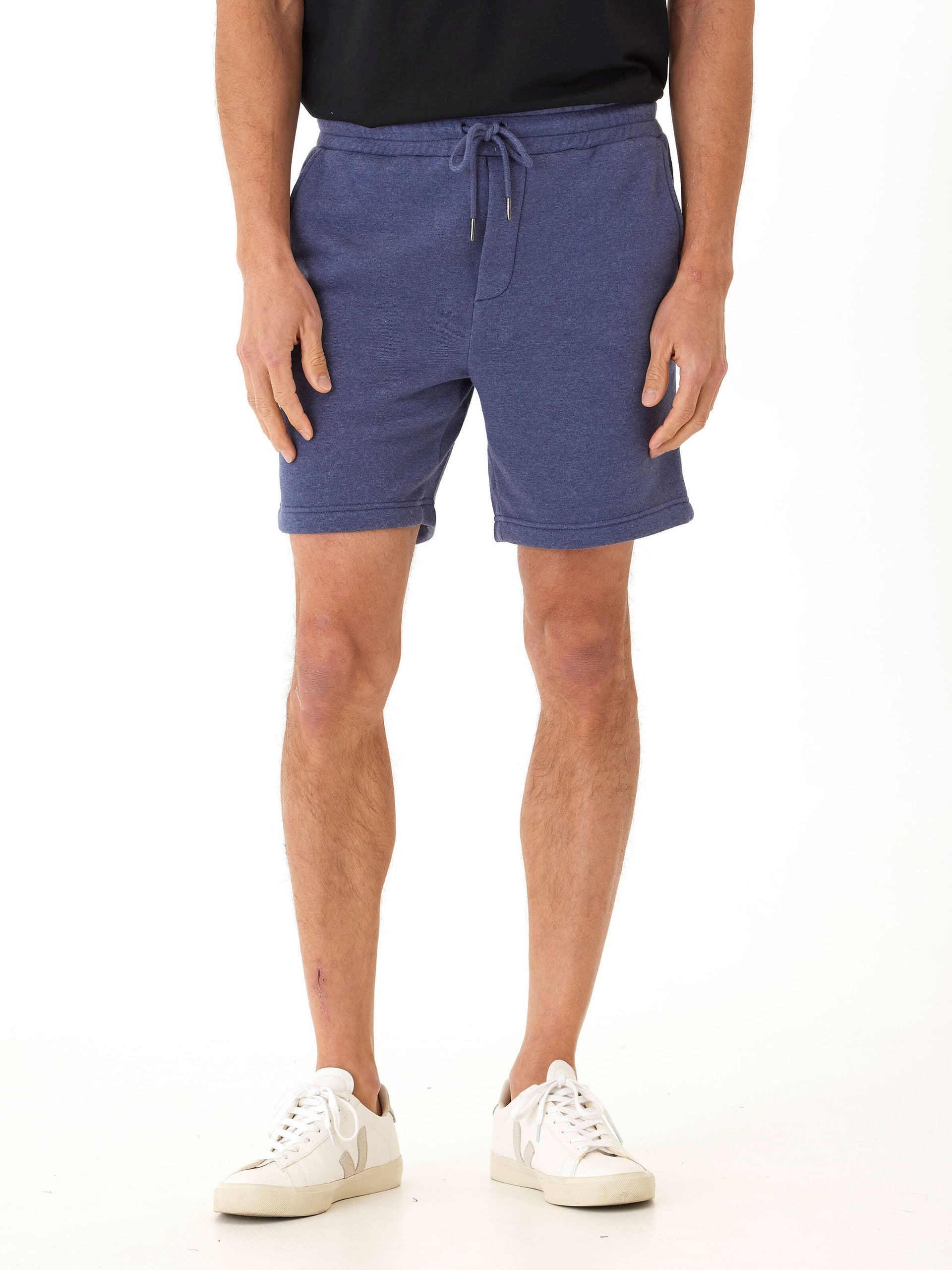 Men’s blue mineral wash knit fleece shorts with a vintage-inspired lived-in aesthetic.
