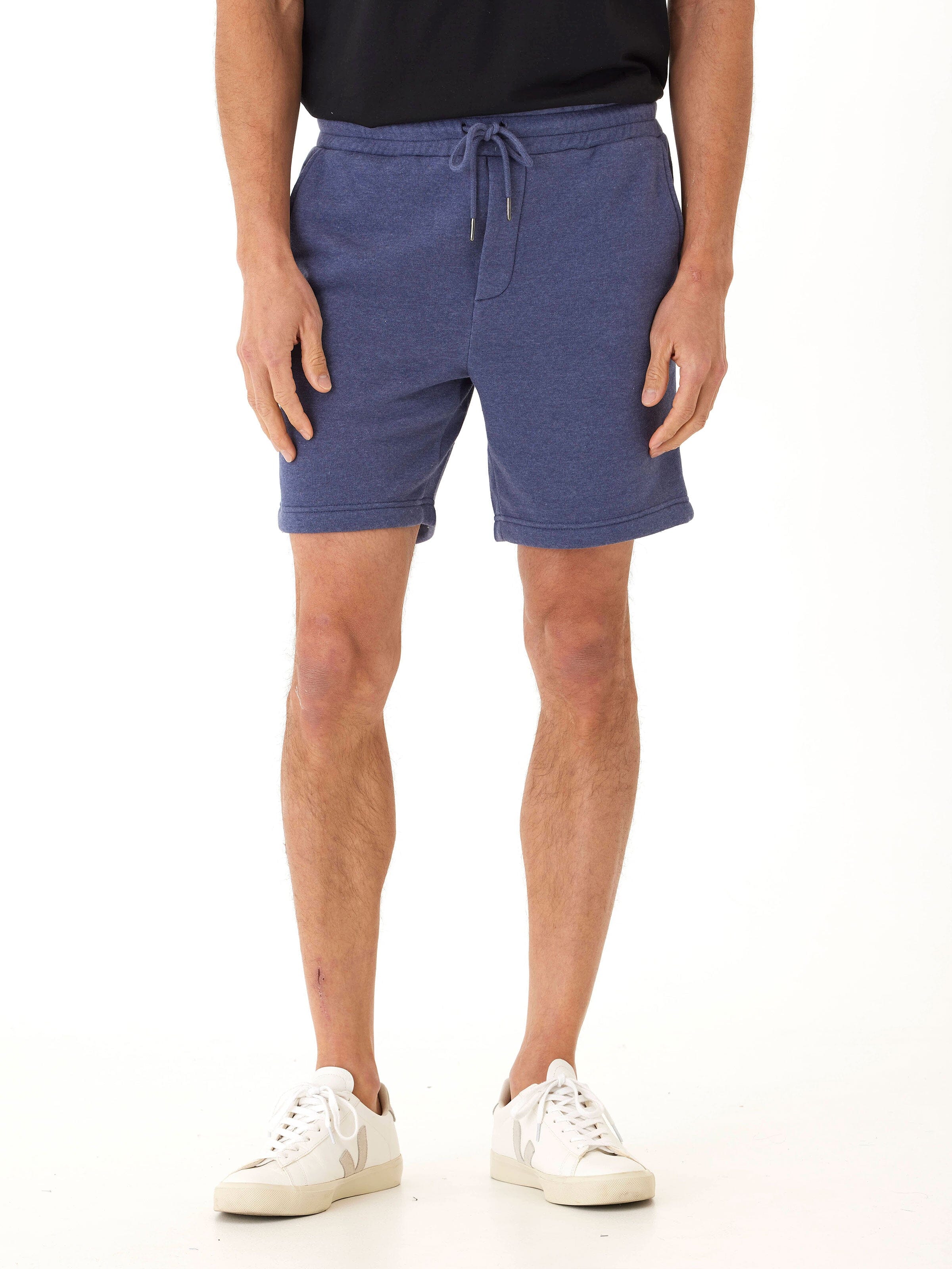 Men’s blue mineral wash knit fleece shorts with a vintage-inspired lived-in aesthetic.