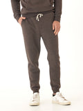 Men wearing dark espresso brown heather triblend fleece joggers in a minimalist athletic style