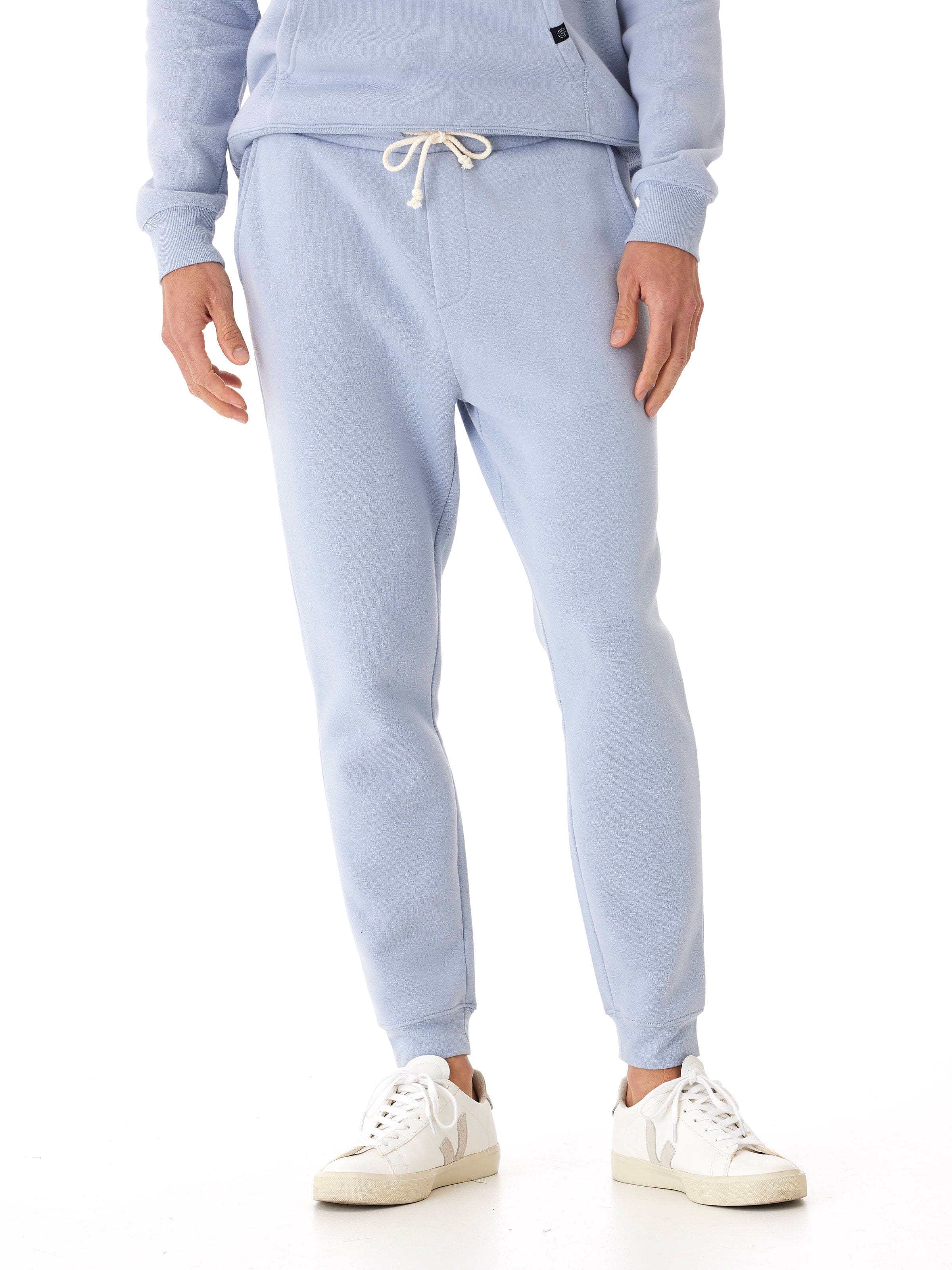 Men's core triblend fleece joggers in heathered light blue with straight leg fit