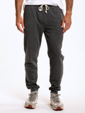 Men's charcoal grey triblend fleece joggers with a straight leg fit and back pocket detail.