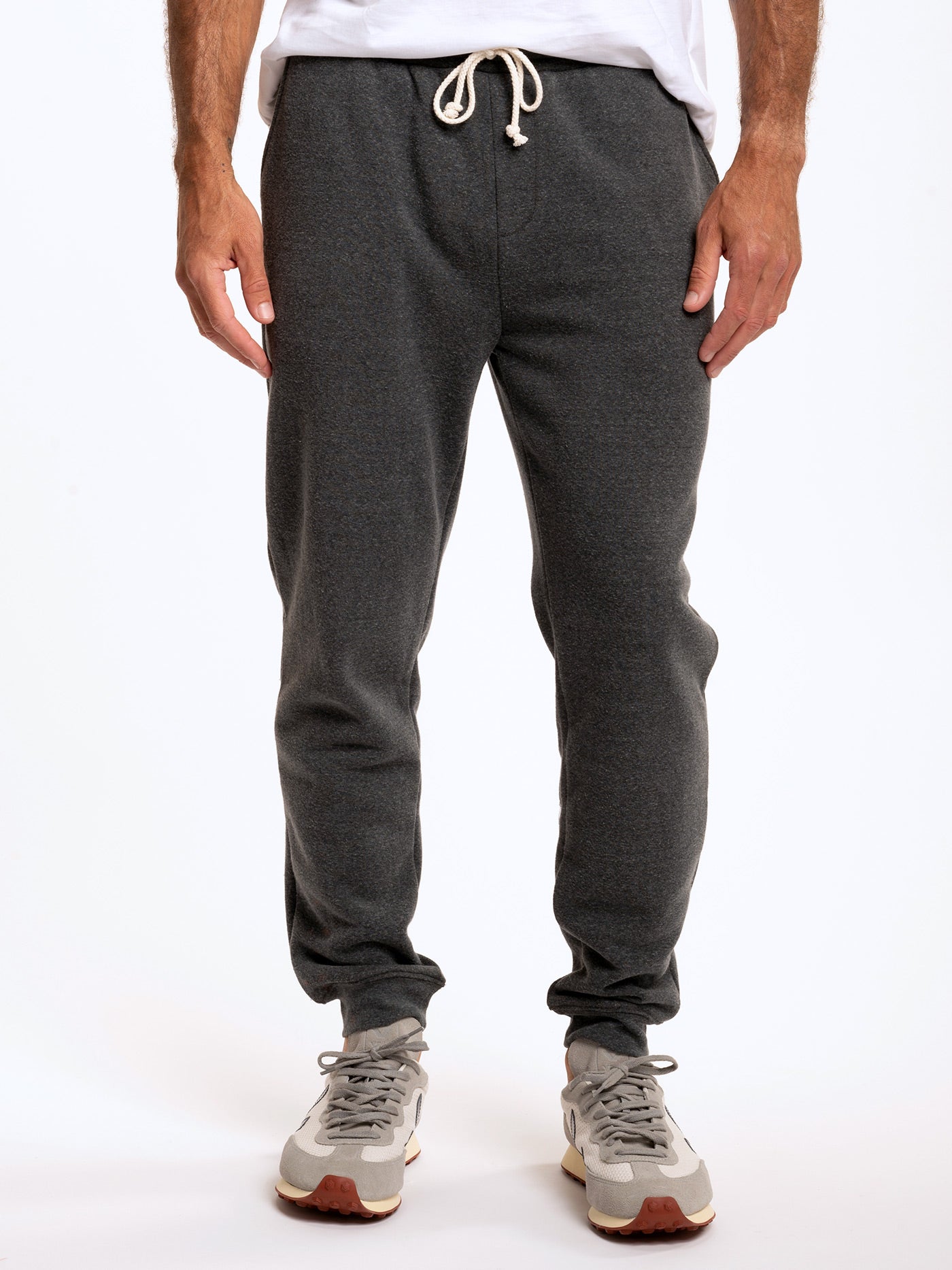 Men's charcoal grey triblend fleece joggers with a straight leg fit and back pocket detail.