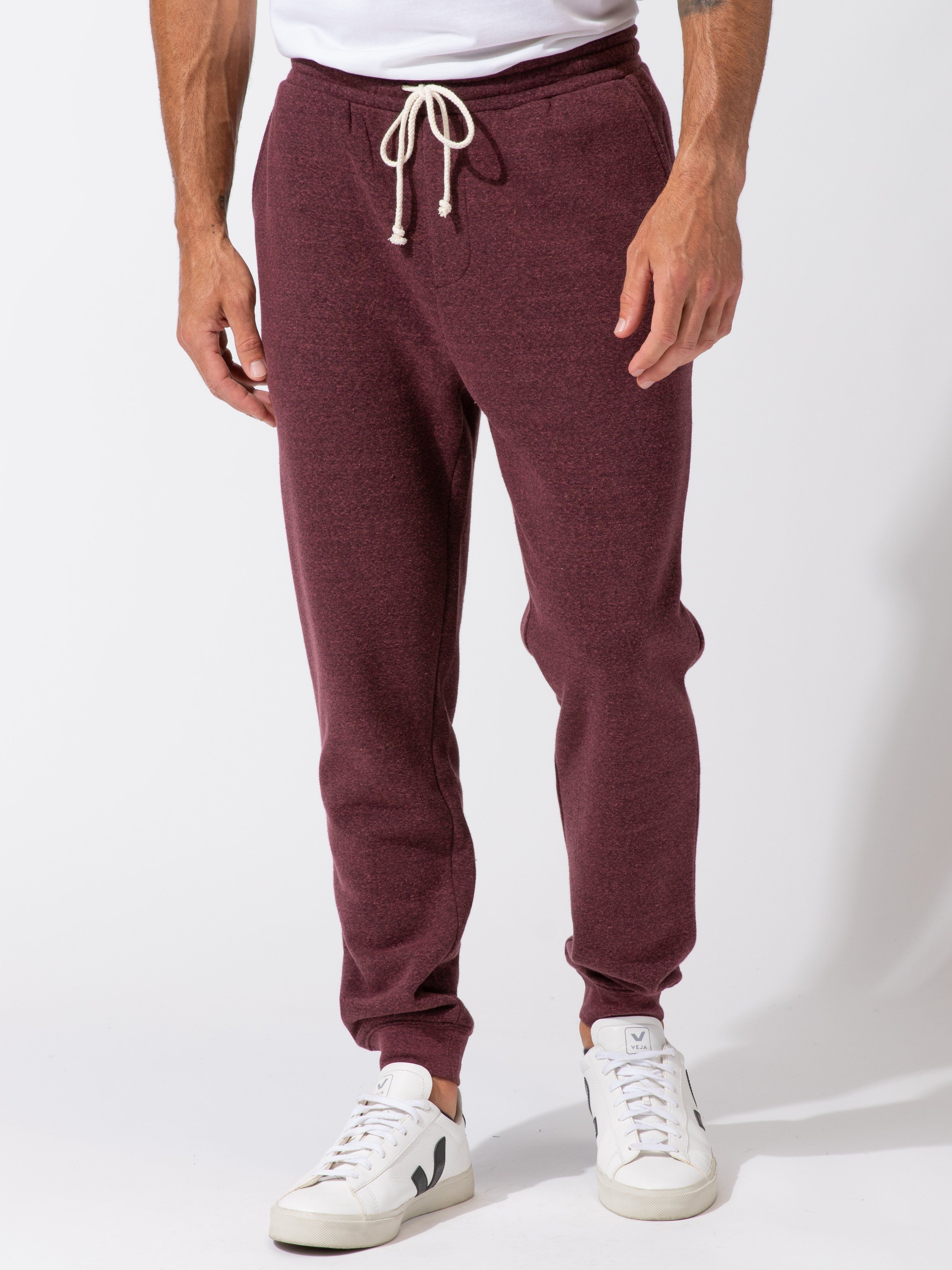 Men's Triblend Fleece Joggers in solid burgundy featuring a straight-leg modern fit
