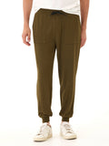 A pair of athletic-style men's joggers in olive green, made from soft knit FeatherLoop fleece.