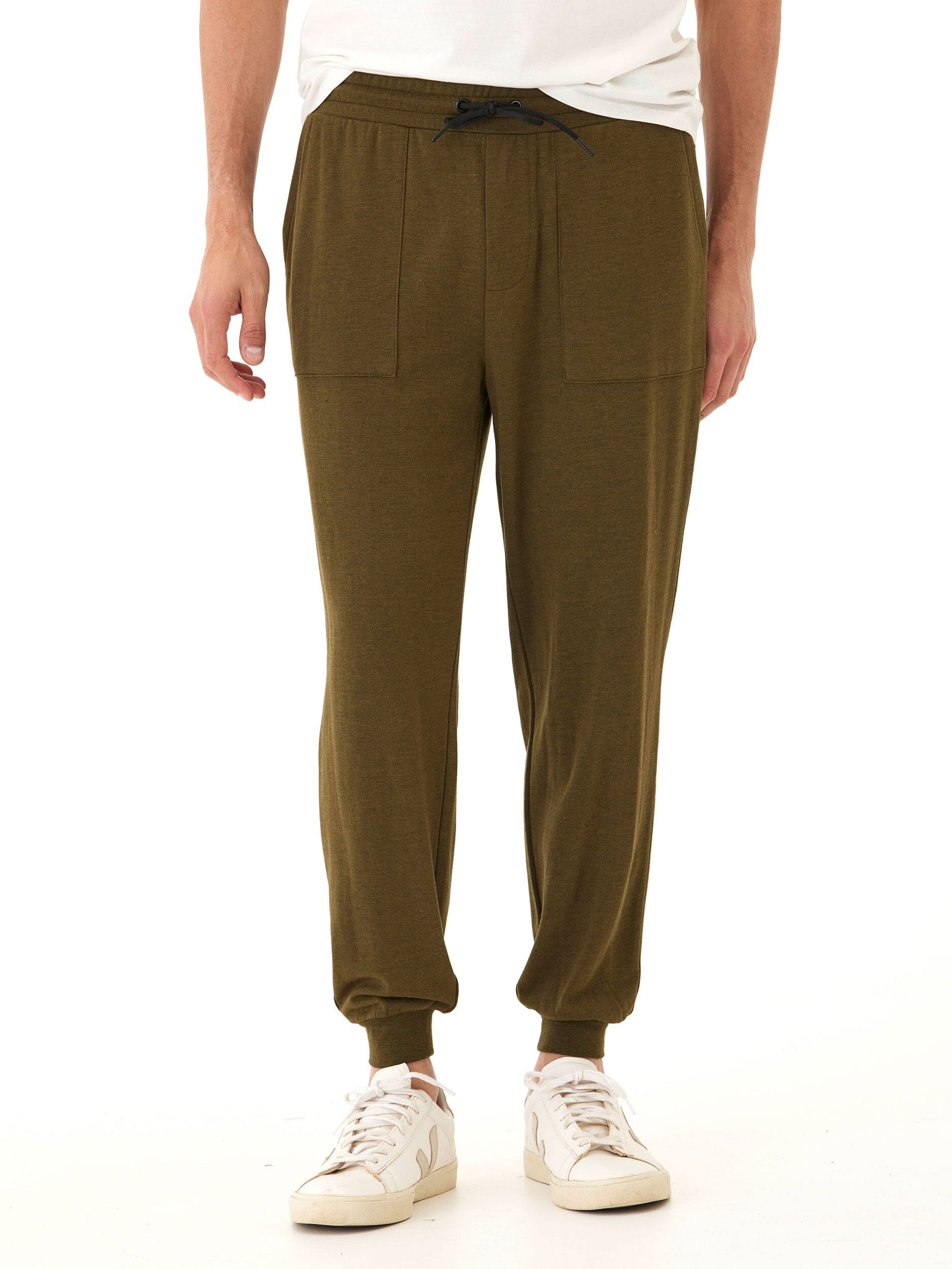 A pair of athletic-style men's joggers in olive green, made from soft knit FeatherLoop fleece.