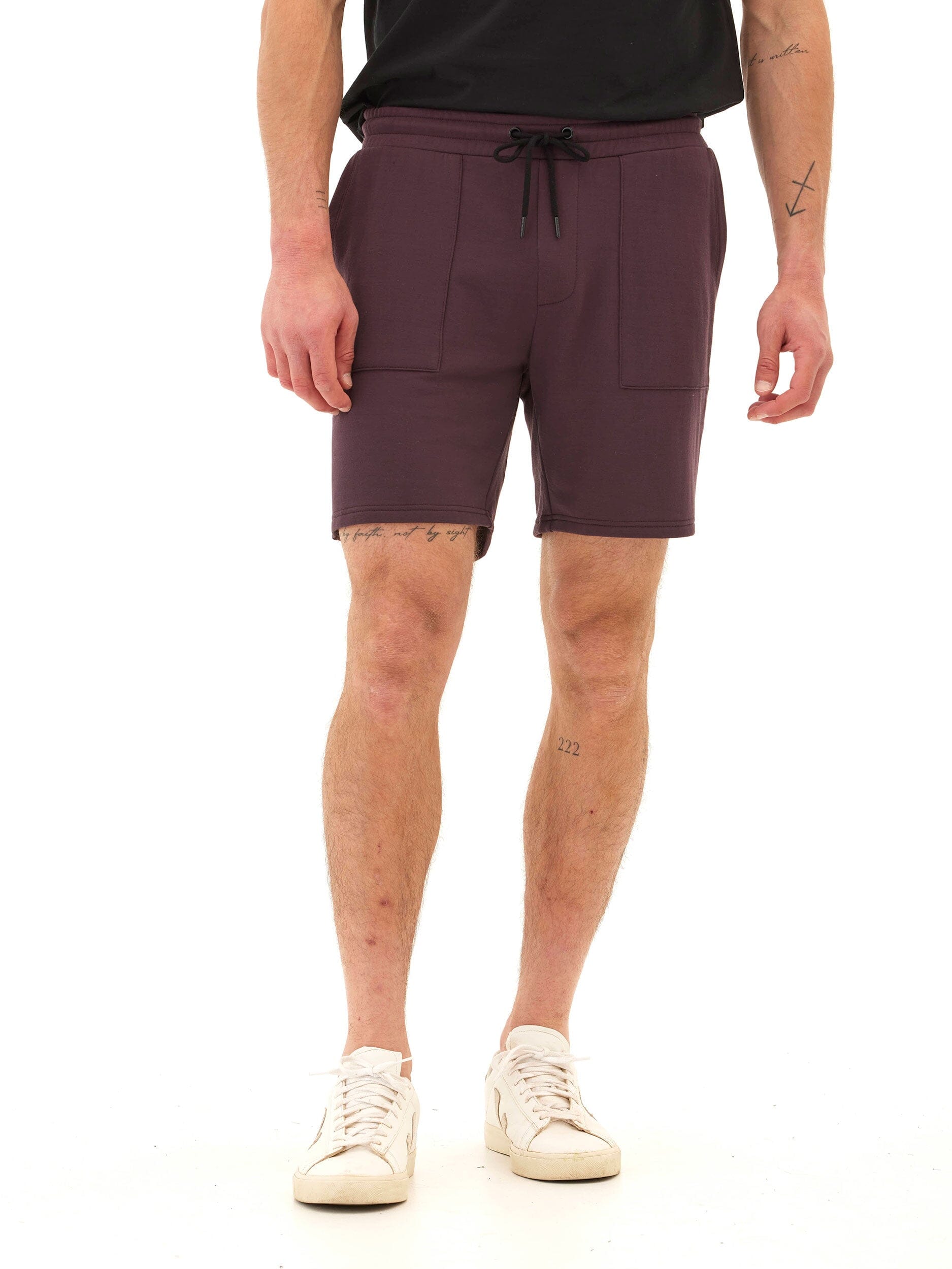 Men's Core Feather Fleece Short in burgundy, featuring a regular fit, pull-on closure, and soft knit fabric.