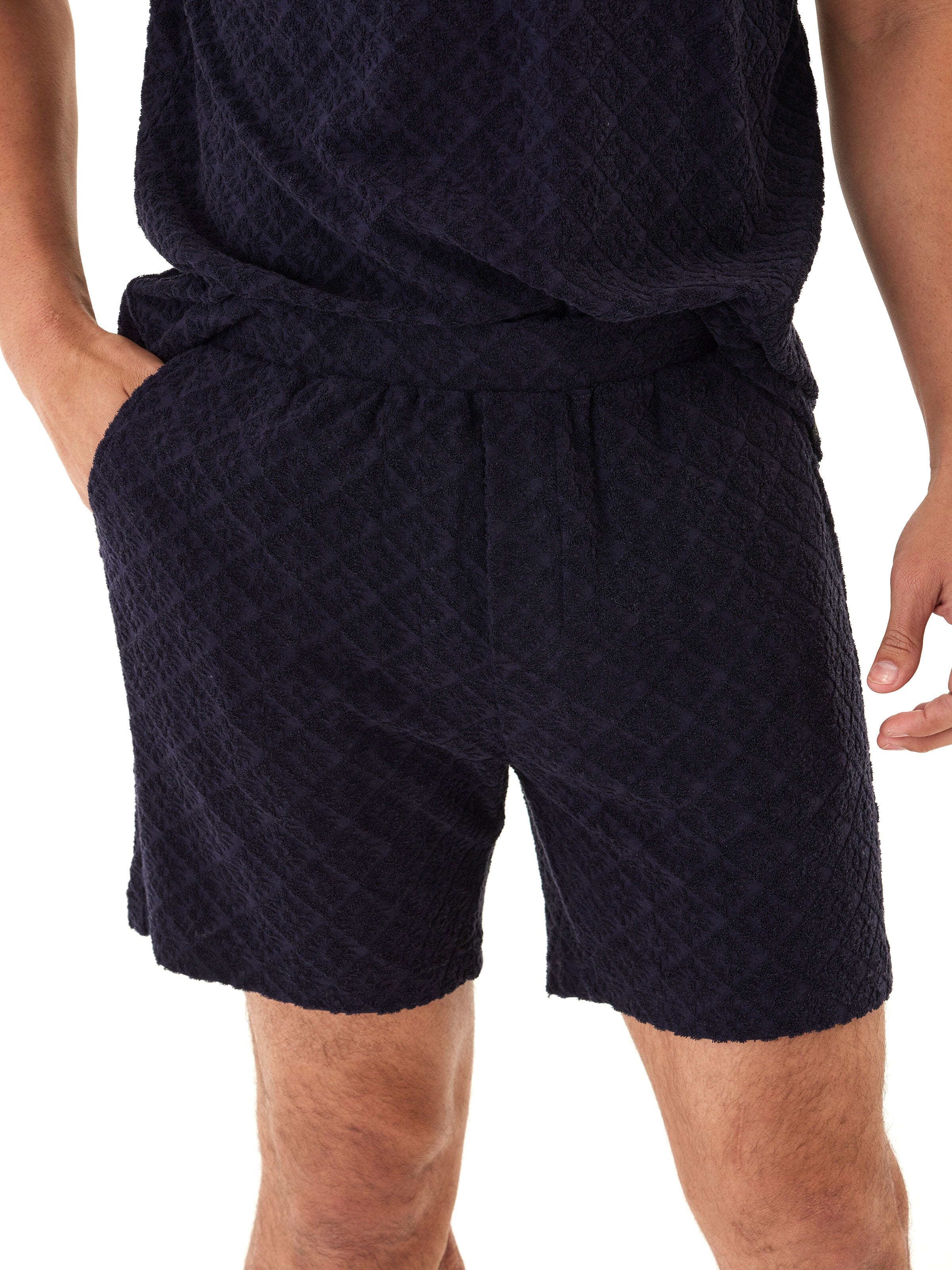 Men's Jacquard Terry Shorts with Geometric Pattern in Navy