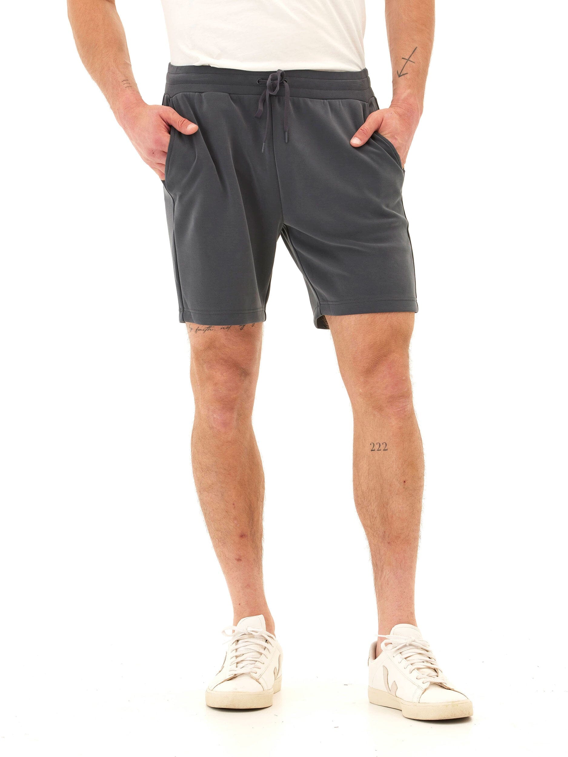 Garrett Sueded Modal Shorts in a soft, stretchy fabric with elastic drawstring waist and side pockets.