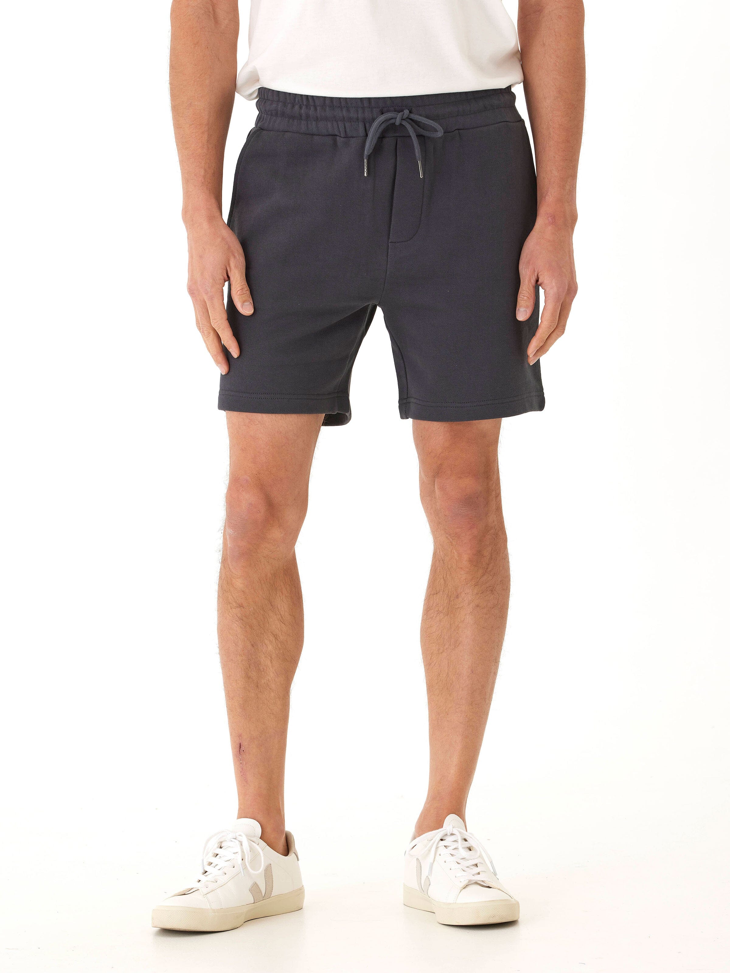 Men’s charcoal heavyweight terry knit shorts with an elastic drawstring waistband.