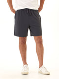 Men's charcoal grey knit mid-length shorts with an adjustable drawstring and clean minimalist design.