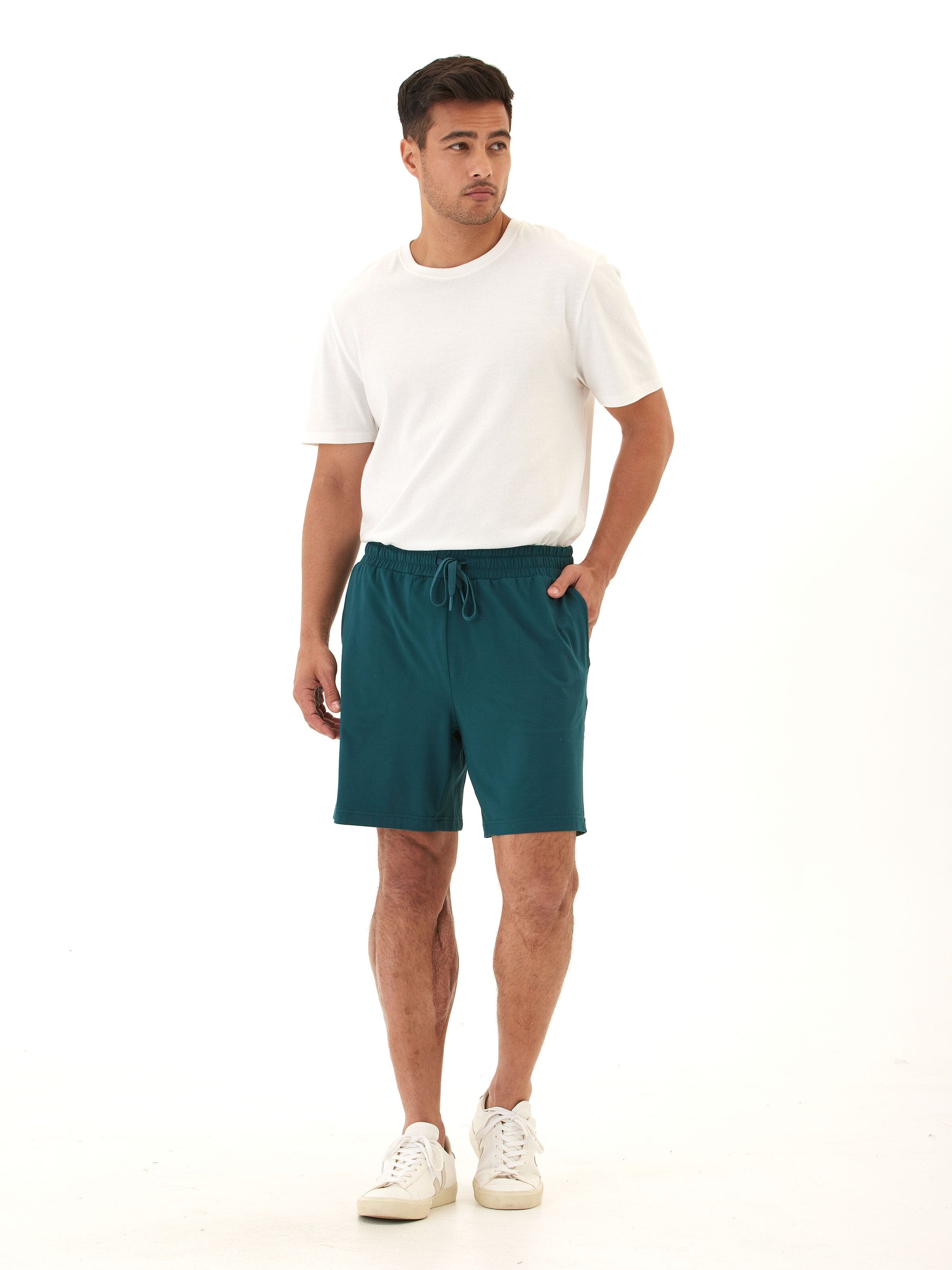 Men's Teal Dark Green Luxe Jersey Mid-Length Shorts Sporty Knit