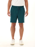 Men's teal dark green knit mid-length shorts featuring an adjustable drawcord and rear pocket tag branding.