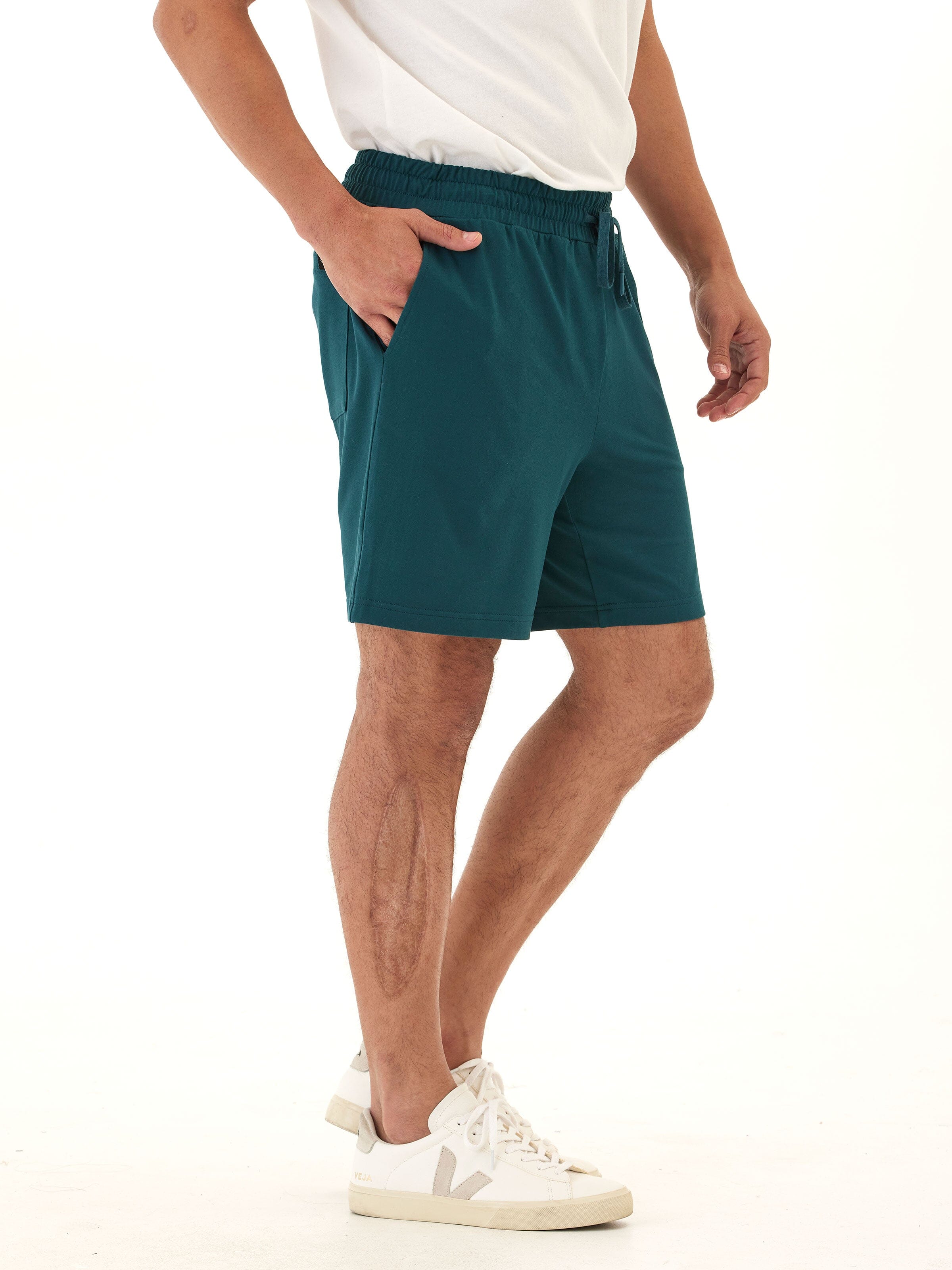 Men's Teal Dark Green Luxe Jersey Mid-Length Shorts Sporty Knit