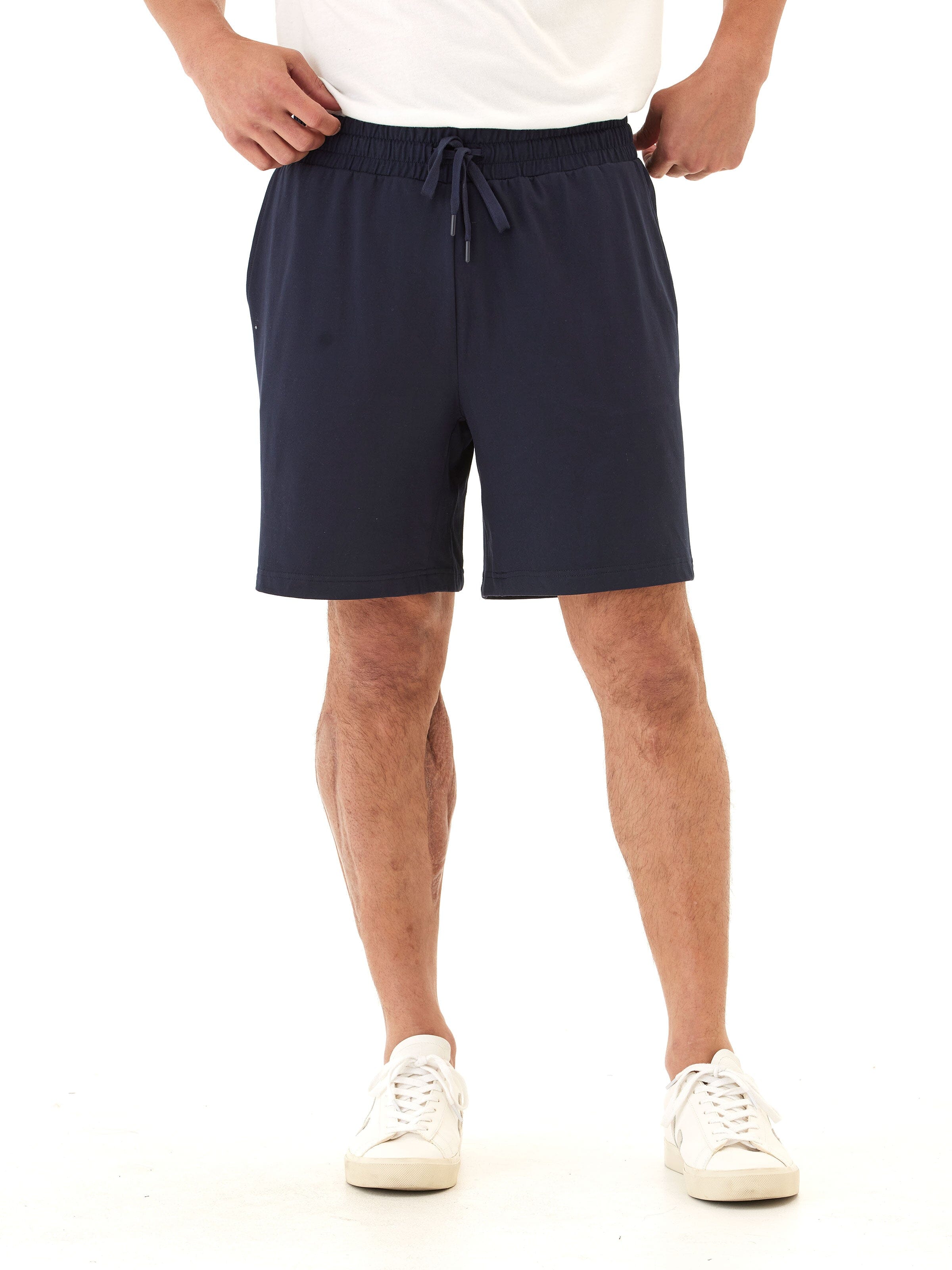 Men's deep navy Luxe Jersey knee-length shorts with an adjustable drawstring waist.