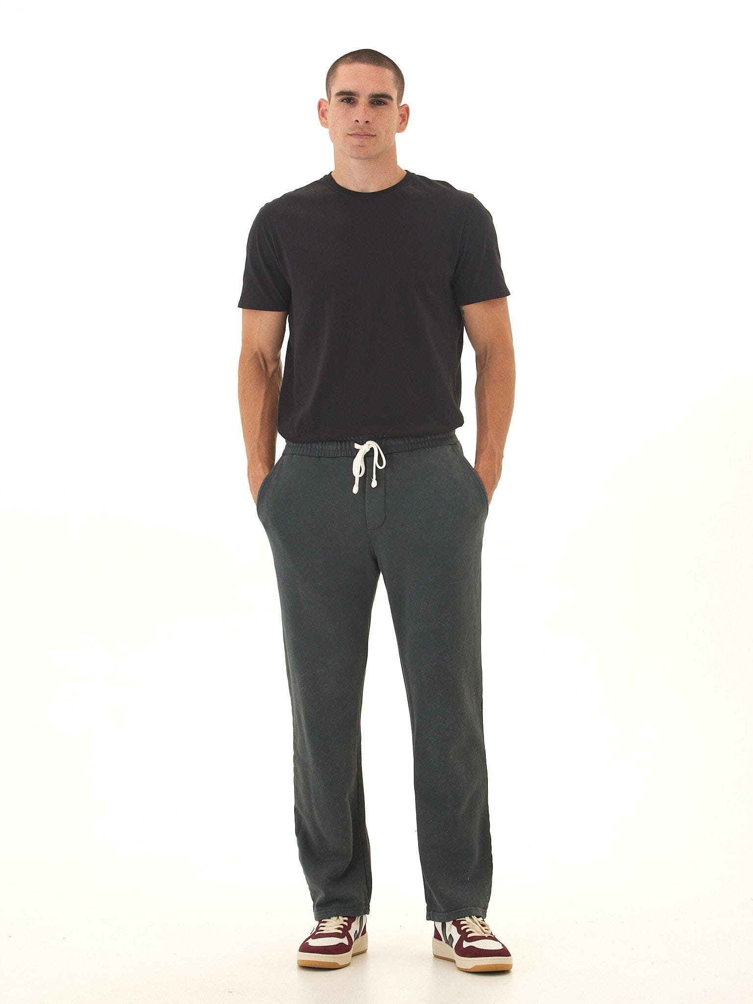 Mineral Wash Cotton Blend Terry Lounge Pants with Drawstring Waist