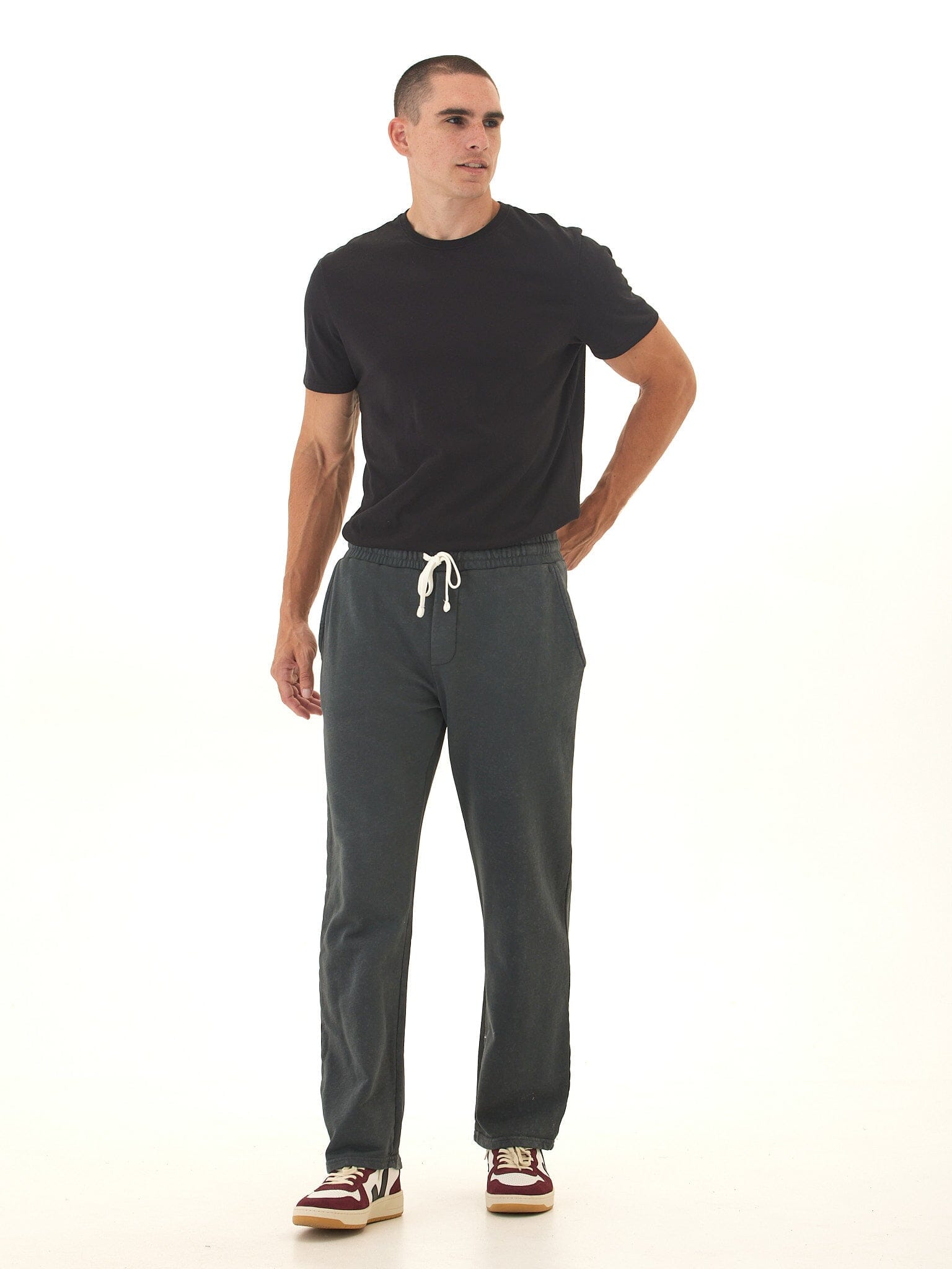 Mineral Wash Cotton Blend Terry Lounge Pants with Drawstring Waist