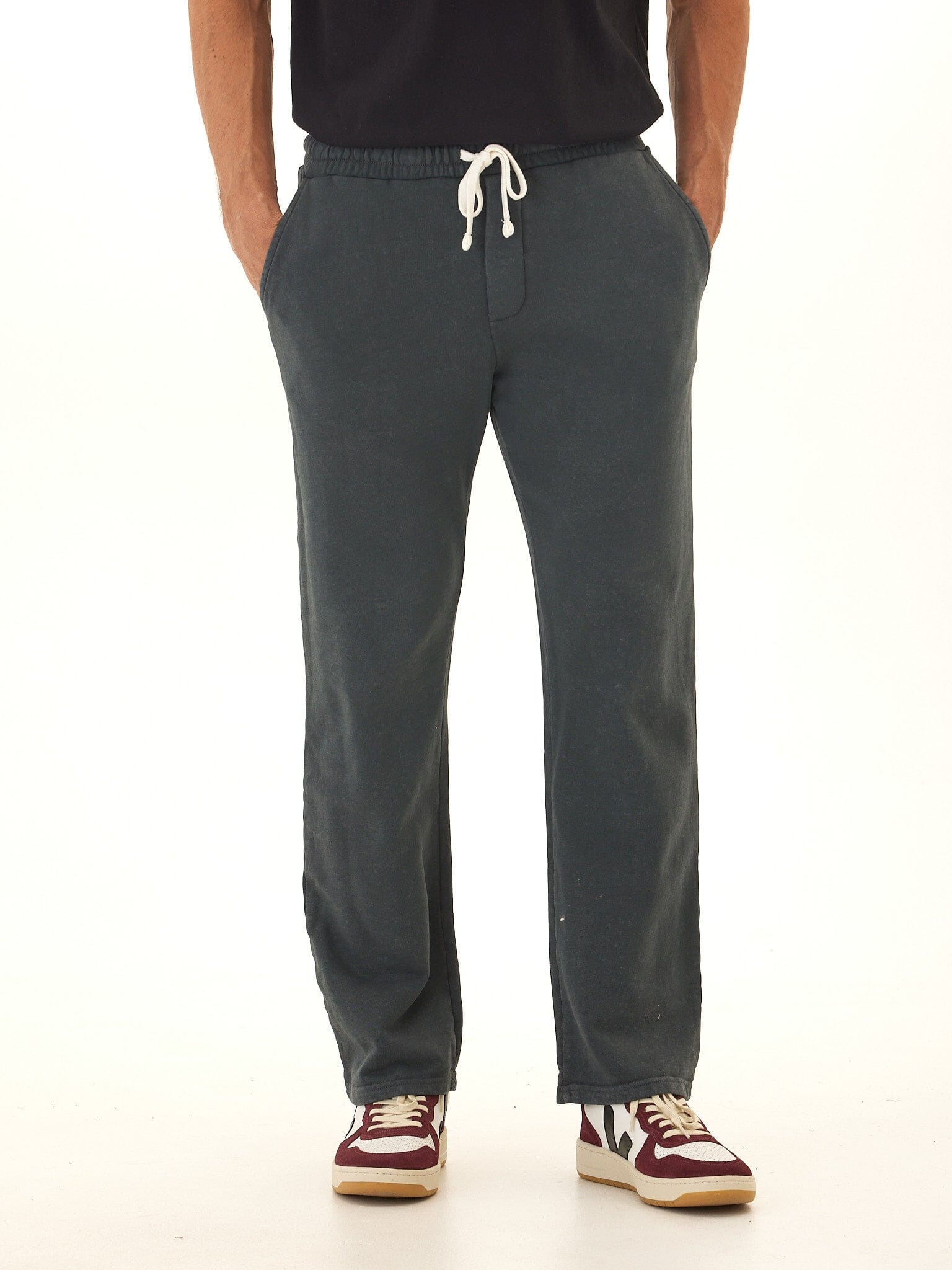 Relaxed-fit mineral wash cotton blend terry lounge pants with adjustable drawstring and pockets