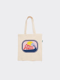 Retro wave print cotton tote bag in off-white with yellow, light blue, and red graphic details.