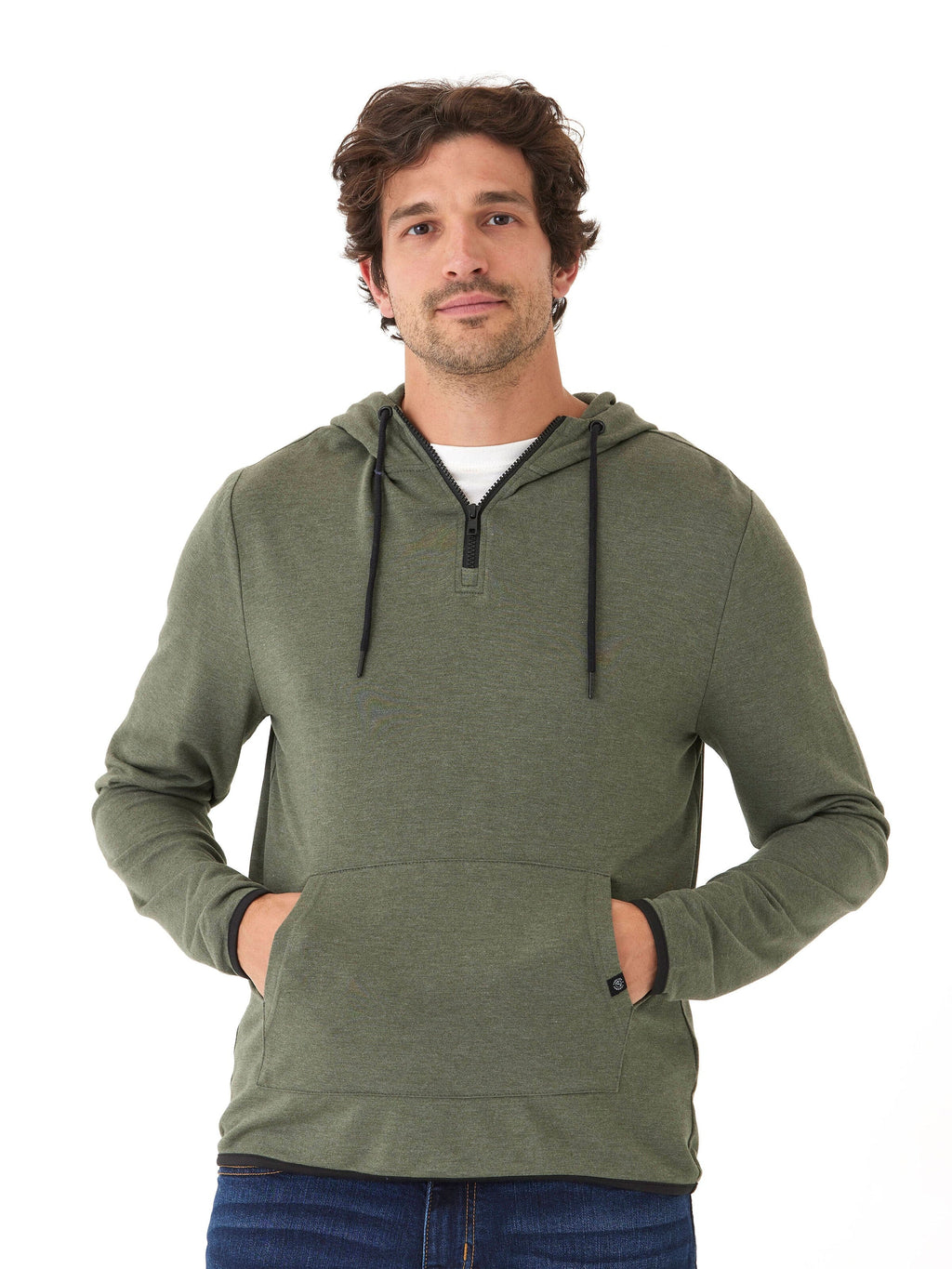 Men wearing a muted olive green 1/4 zip knit feather fleece hoodie with black contrast trim.