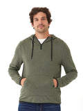 Men wearing a muted olive green 1/4 zip knit feather fleece hoodie with black contrast trim.