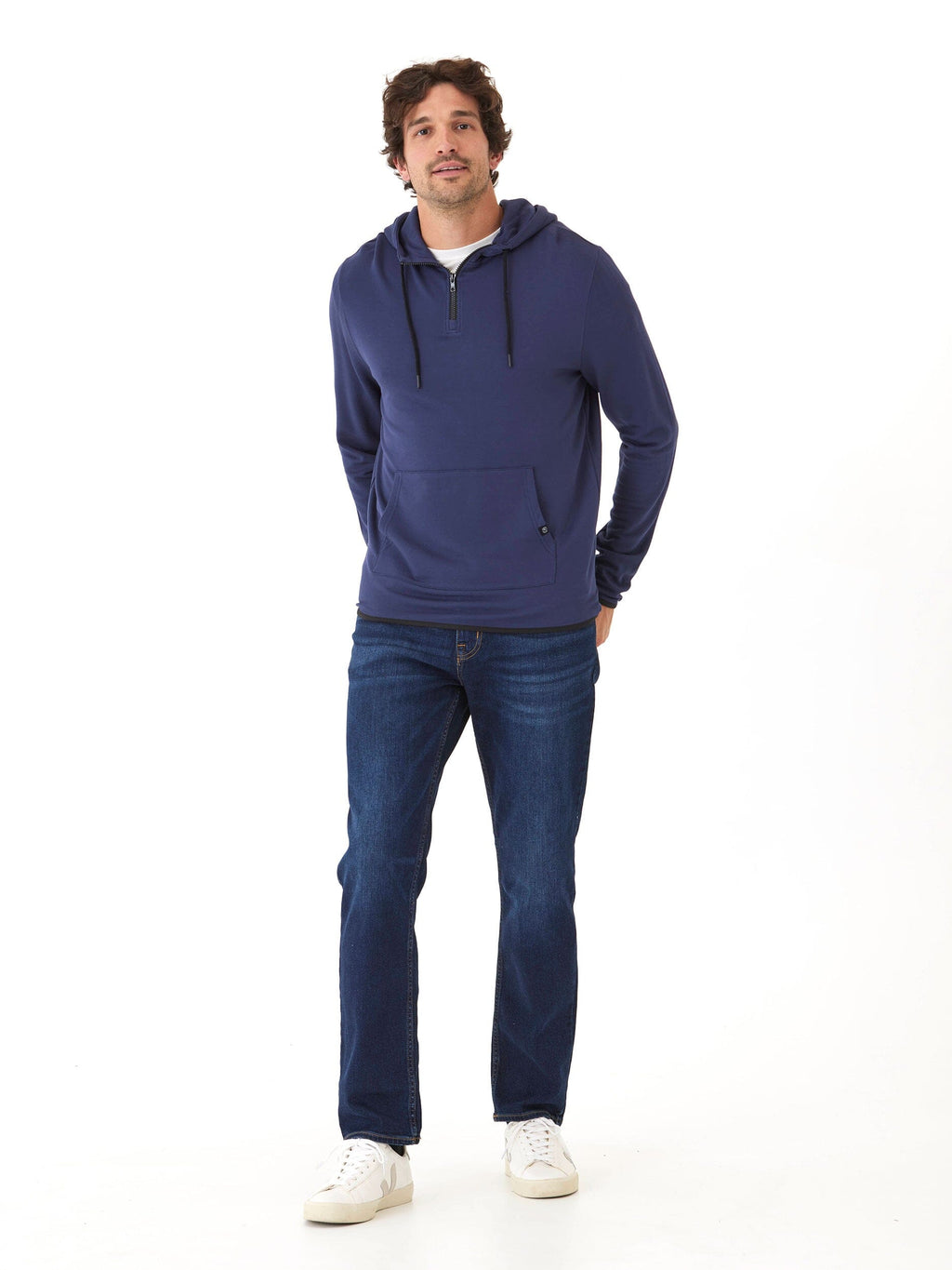 Khris Men's 1/4 Zip Feather Fleece Hoodie in Navy and Black