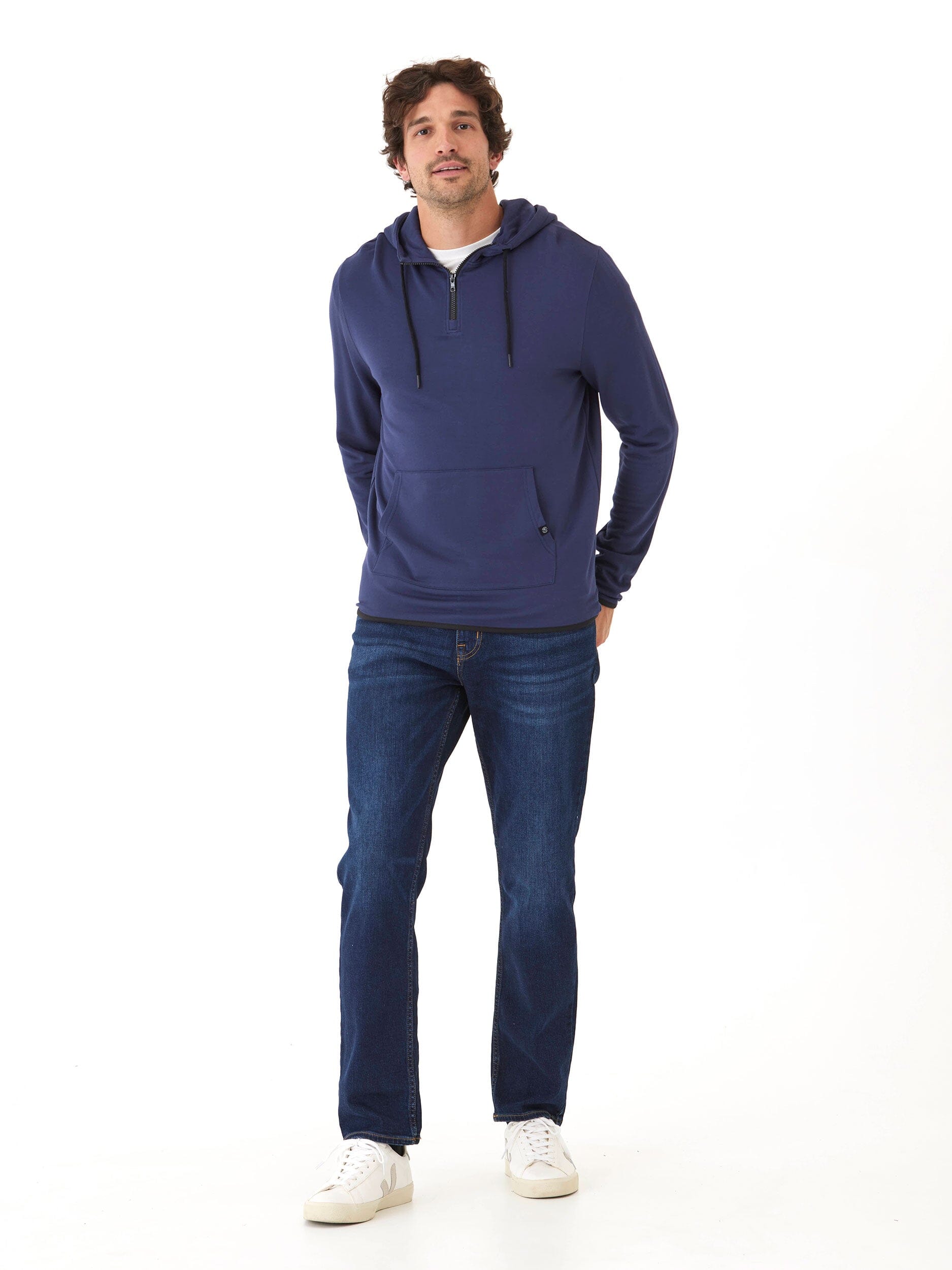 Khris Men's 1/4 Zip Feather Fleece Hoodie in Navy and Black